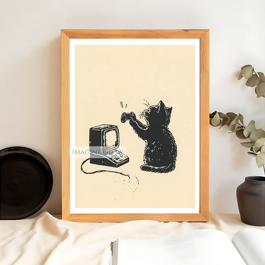 90s black cat gamer poster for retro gaming room