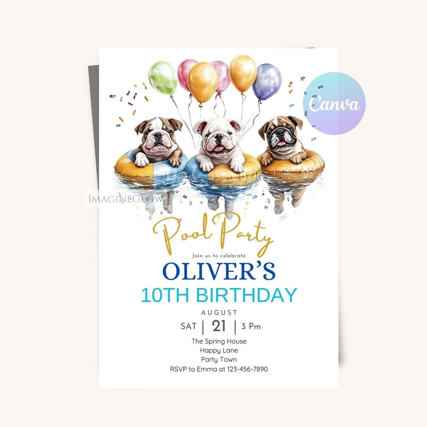 Digital bulldog birthday invitation for instant download.