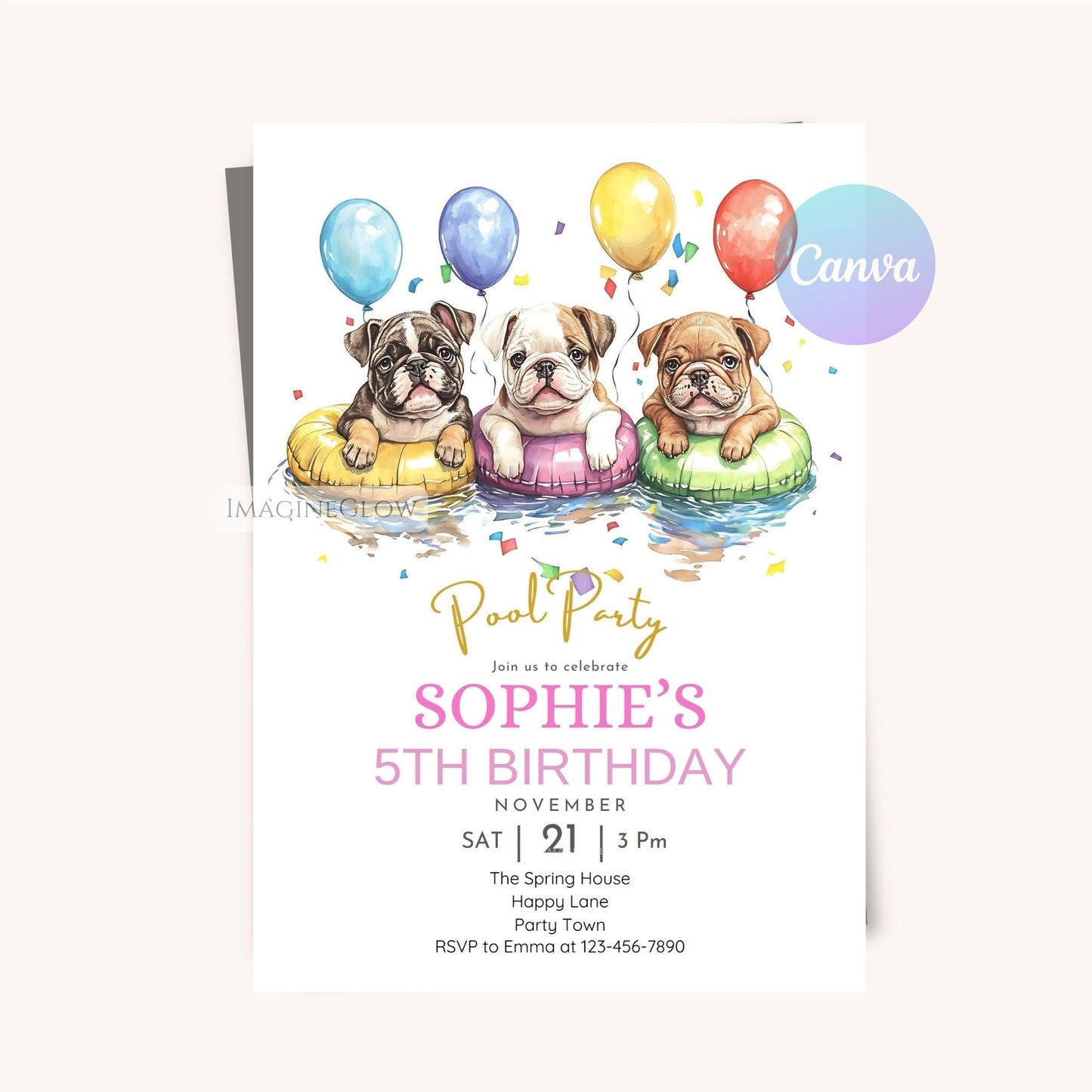 Fun water-themed birthday invitation with playful bulldogs.