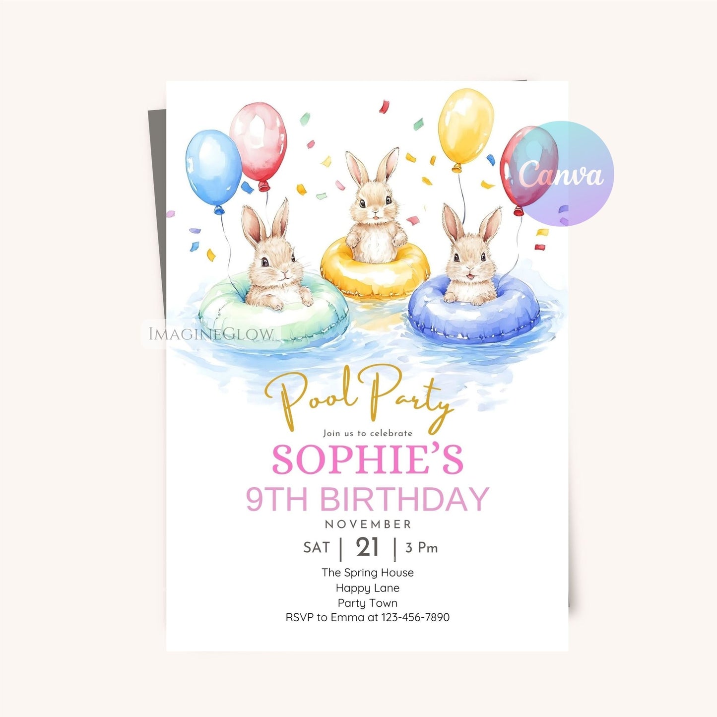 High-resolution bunny pool party invite for summer birthdays.