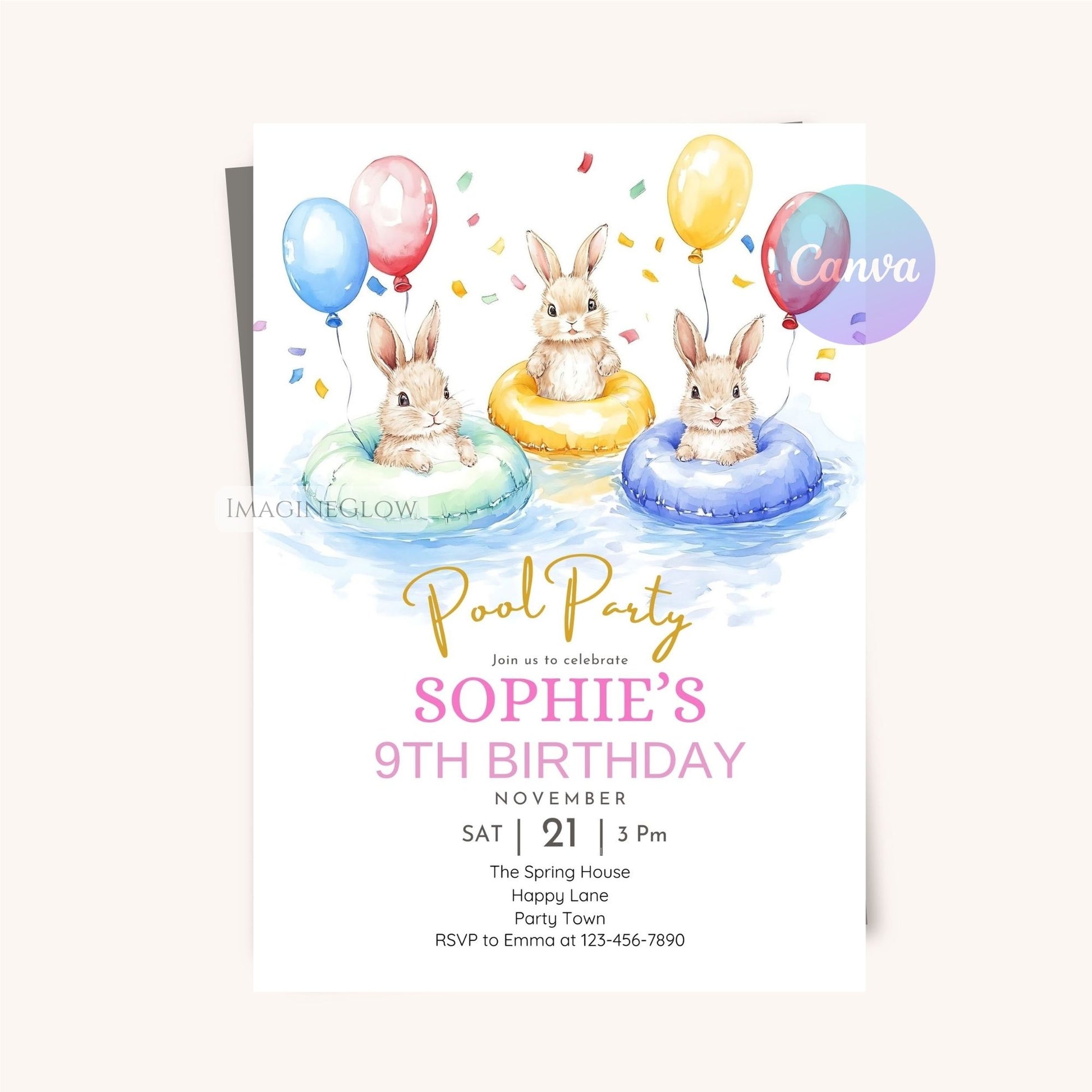 High-resolution bunny pool party invite for summer birthdays.