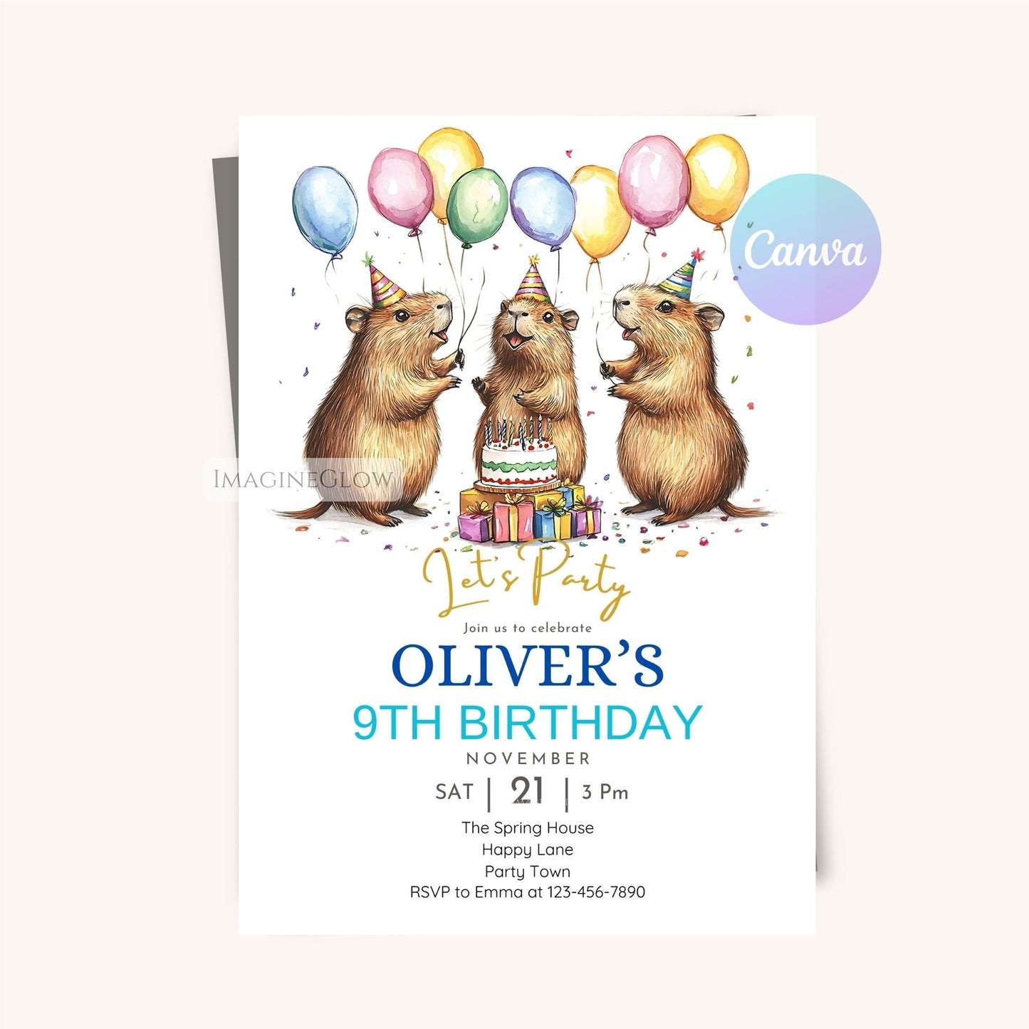 Printable capybara party invite for kids' birthdays.