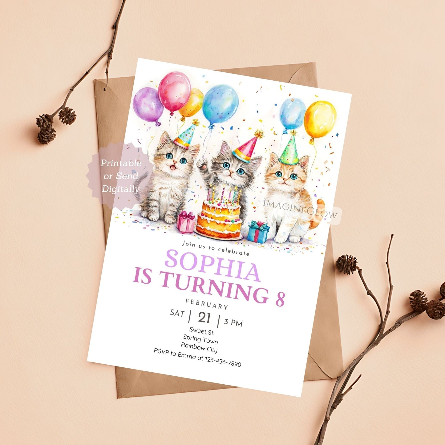 Cat birthday invitation with balloons
Editable birthday invite with a cute cat