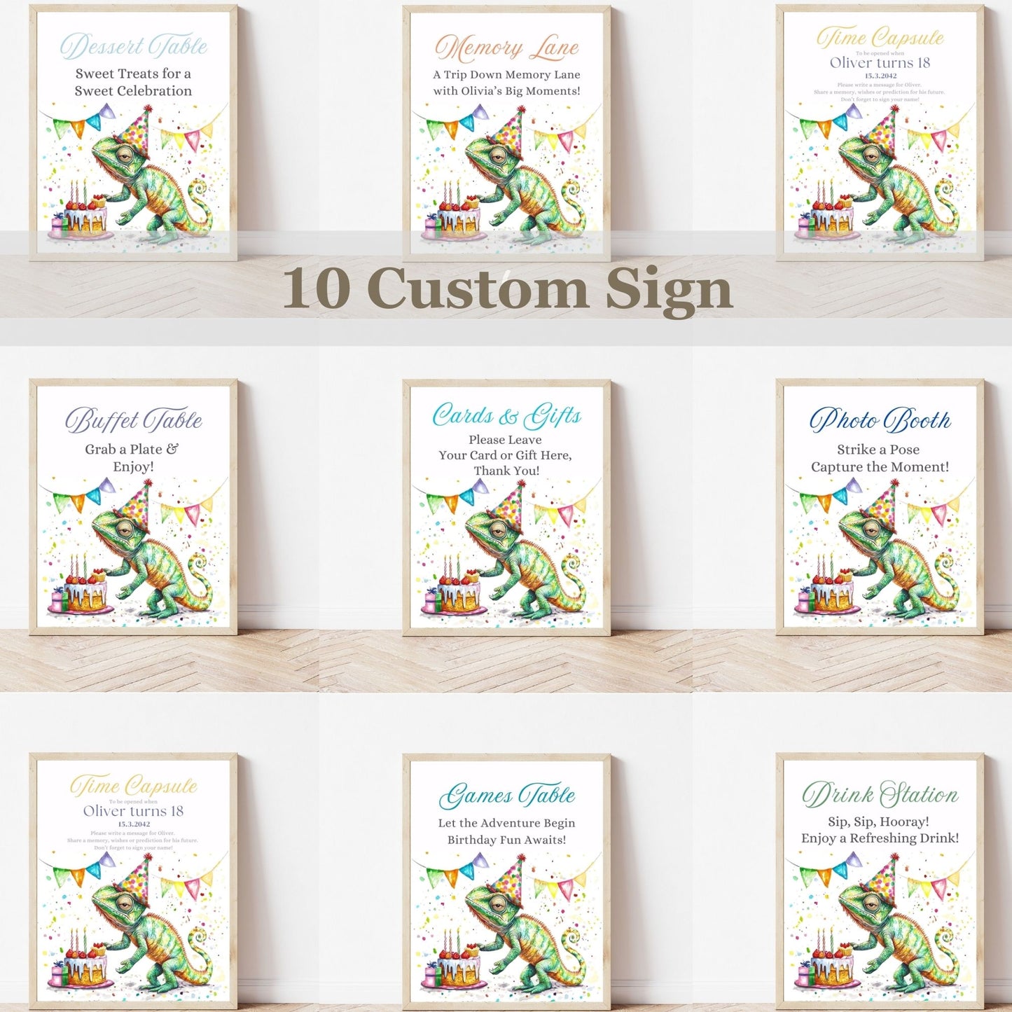 Set of 10 custom signs with a chameleon design on a white surface.