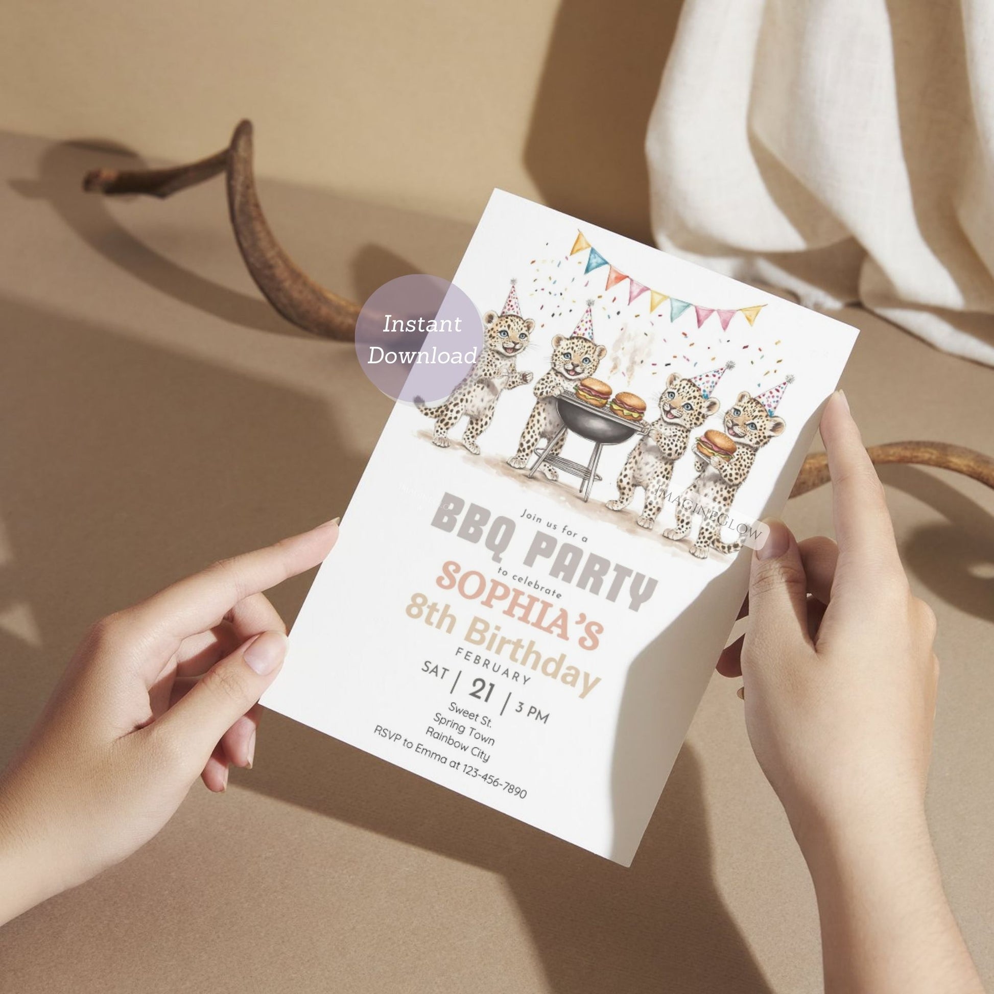 Digital cheetah BBQ birthday invitation for instant download.