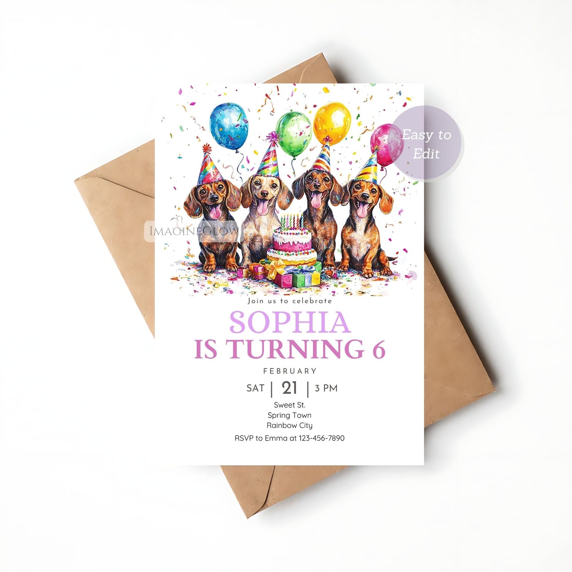 Dachshund dog birthday card digital download printable
Dog lover’s Dachshund party invite with cute design
