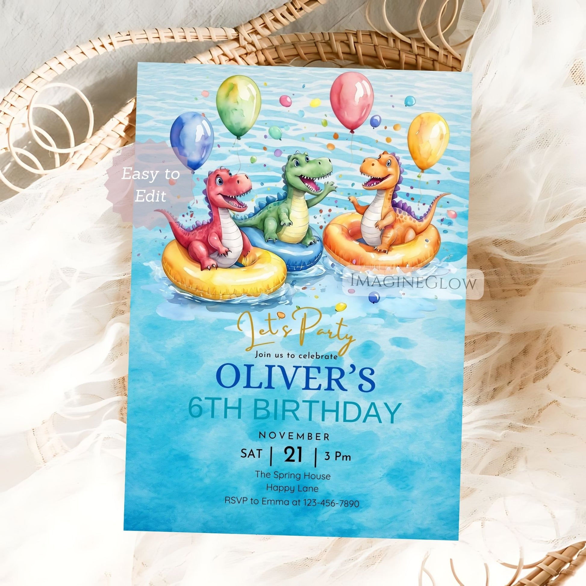 Birthday invitation card with dinosaurs and balloons on a blue background