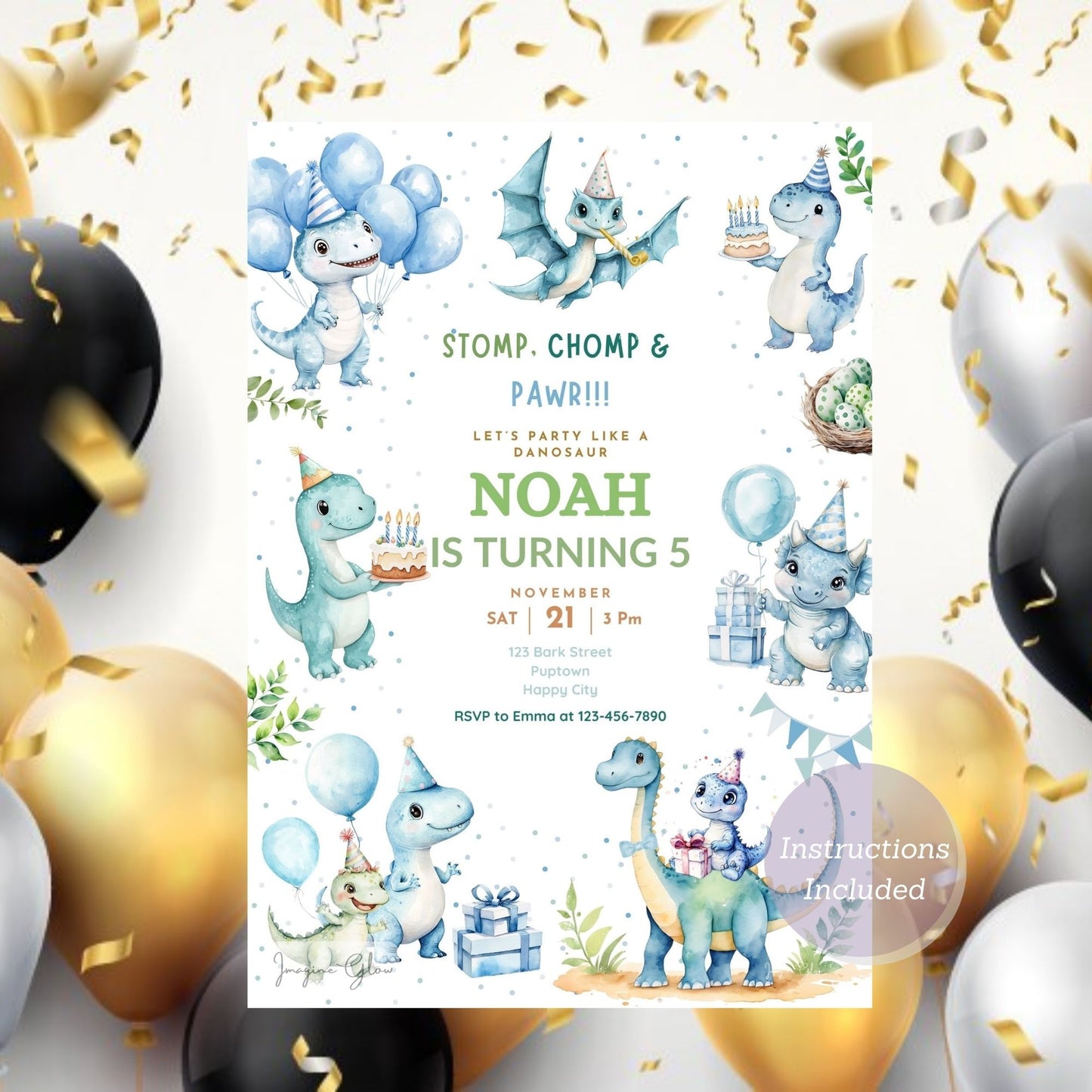 Editable dinosaur party invitation for kids birthday.