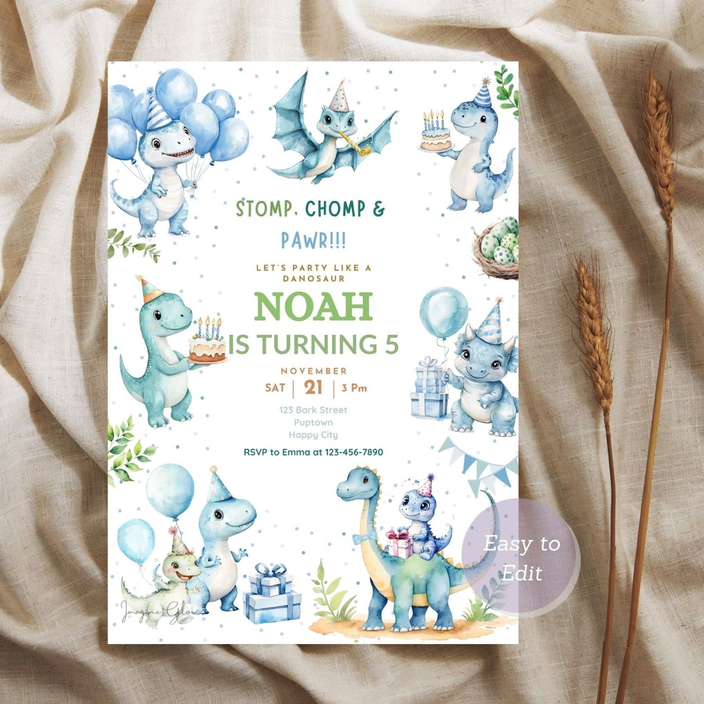 Dinosaur birthday invitation editable template for kids.