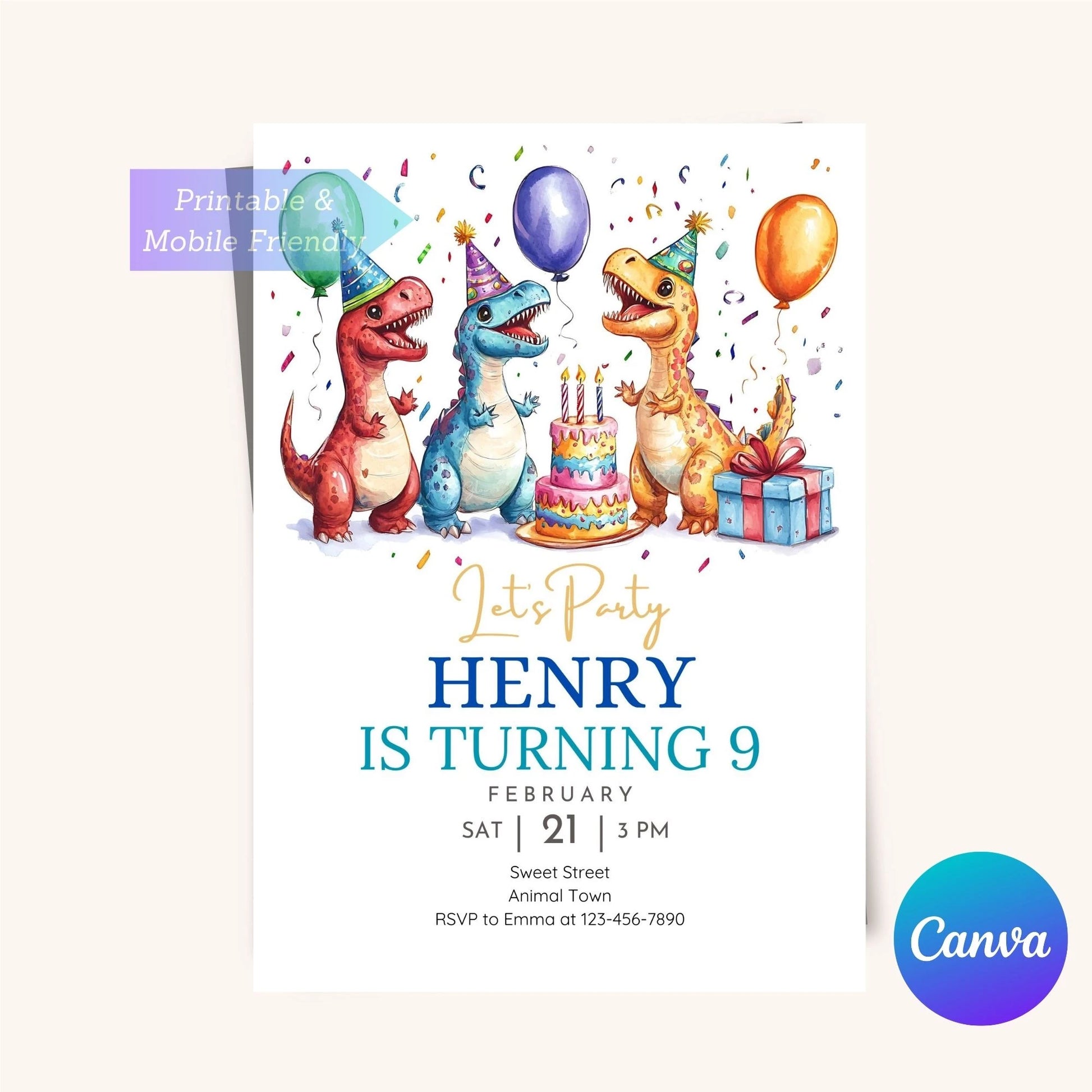 Prehistoric dinosaur birthday invitation for kids' celebration.