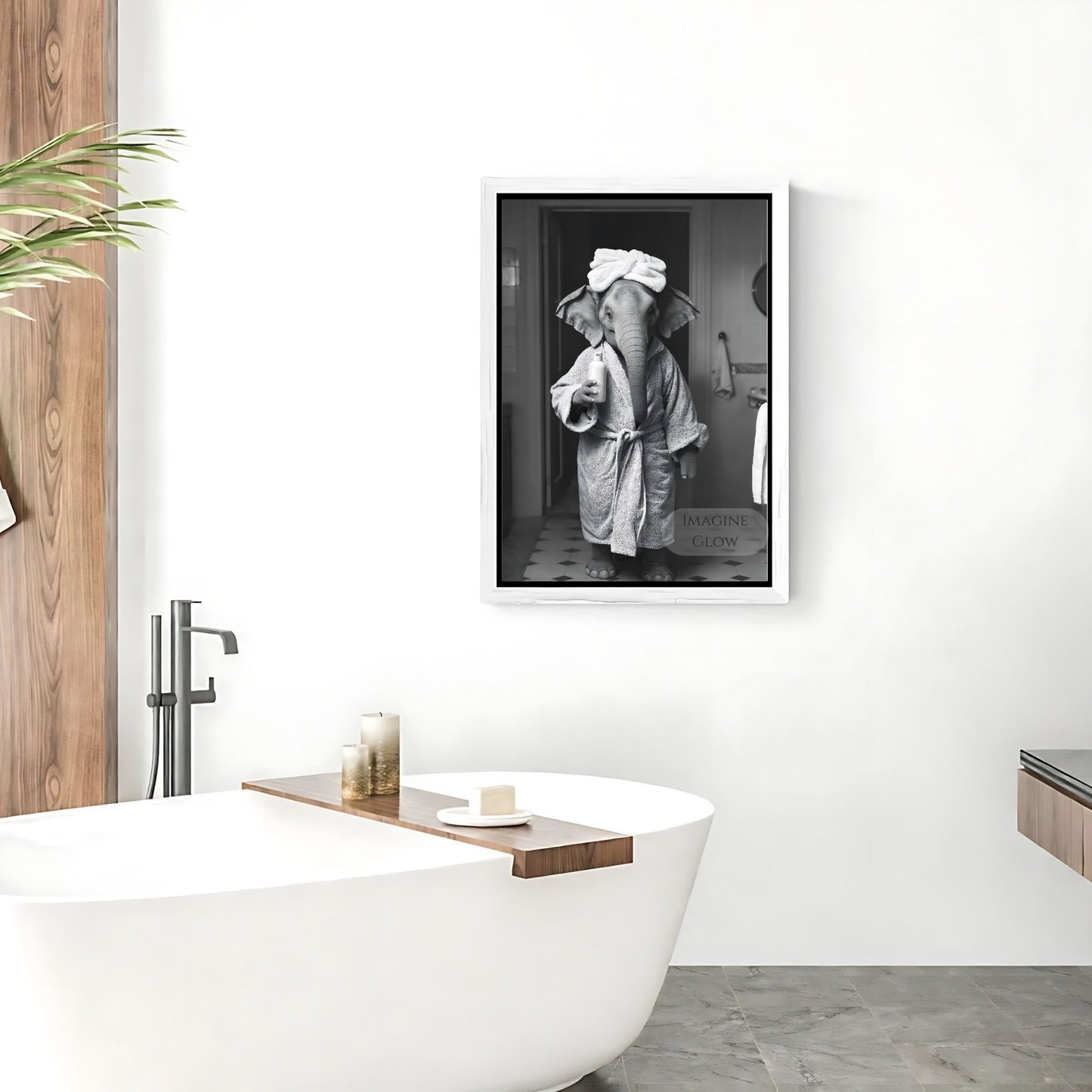 Restroom wall decor featuring an elephant in black and white