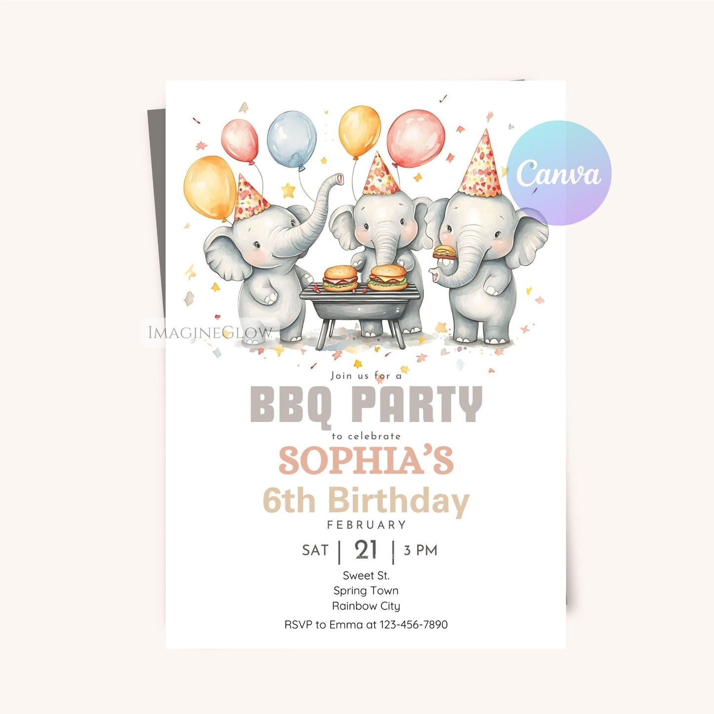 High-resolution elephant birthday invite for cookout parties.