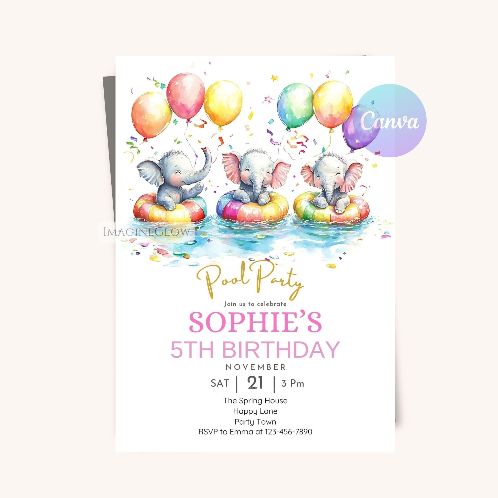 Printable jungle animal-themed invitation for a summer pool party.