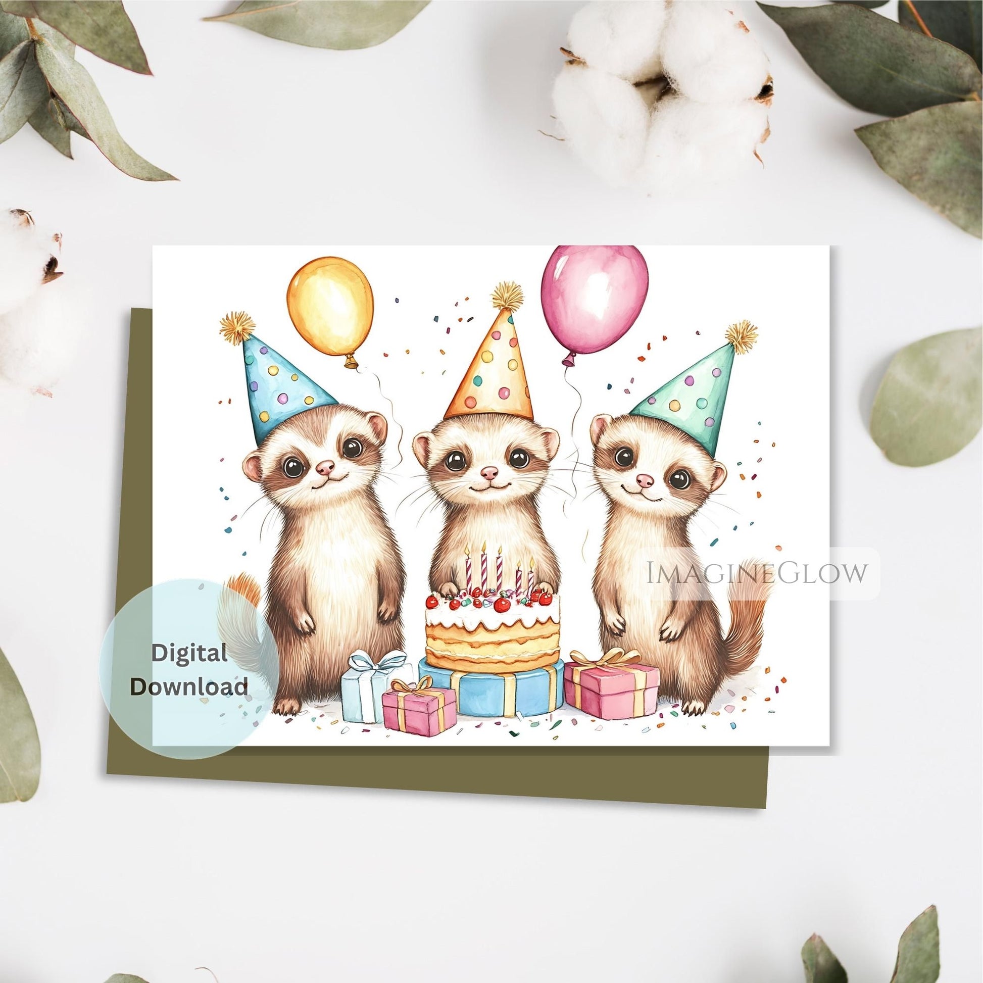 Birthday card with cartoon weasels wearing party hats on a white background with cotton and leaves.