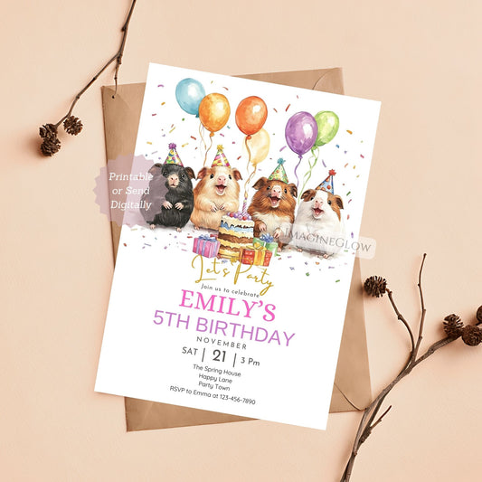 Festive digital birthday invitation with a guinea pig design.