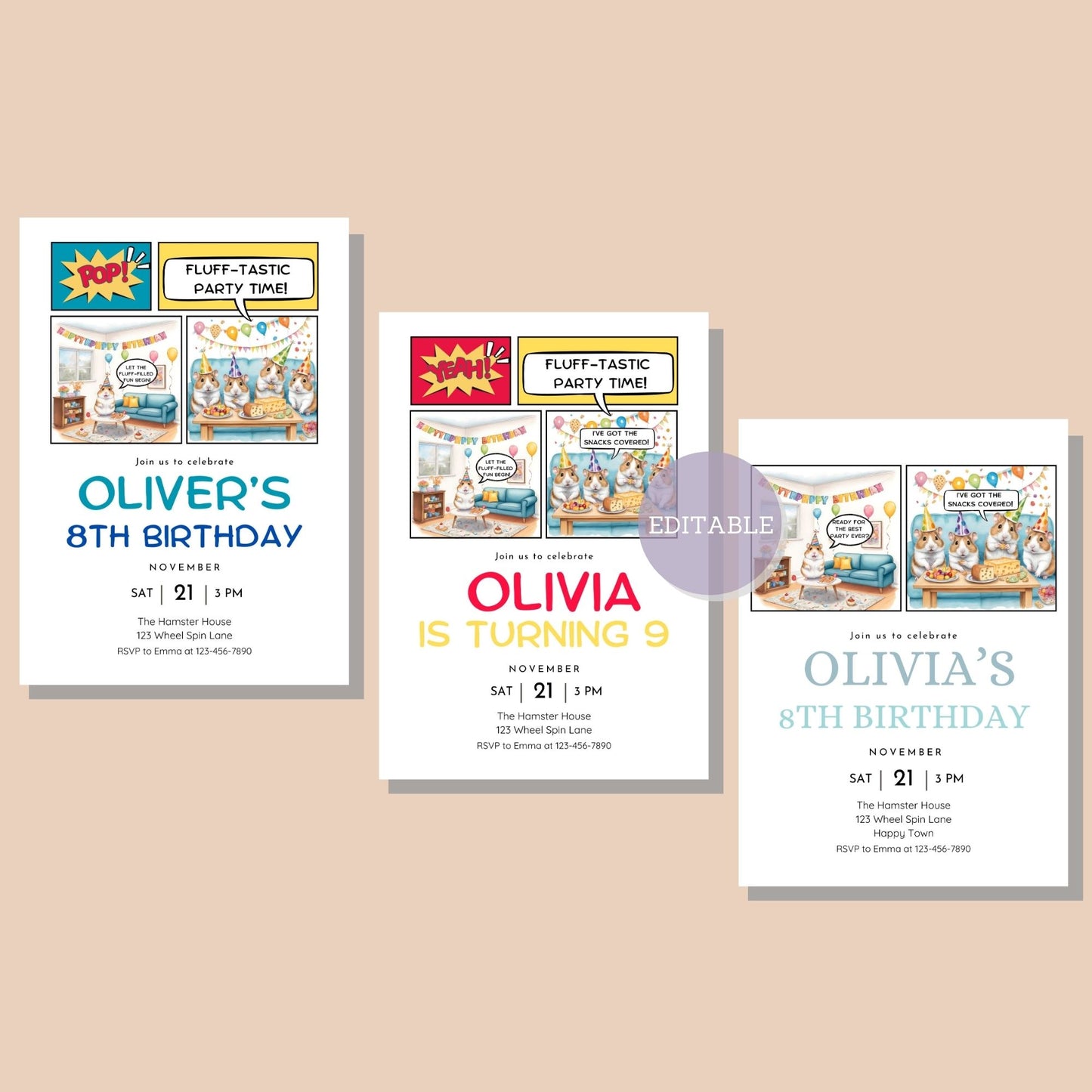 Comic hamster birthday invitation for kids' party.