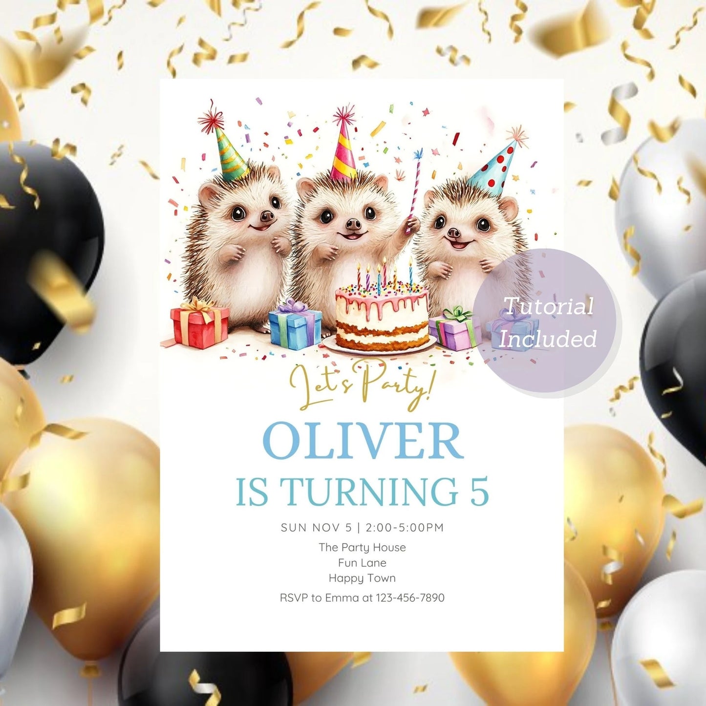 Editable hedgehog birthday invite for children’s celebrations.