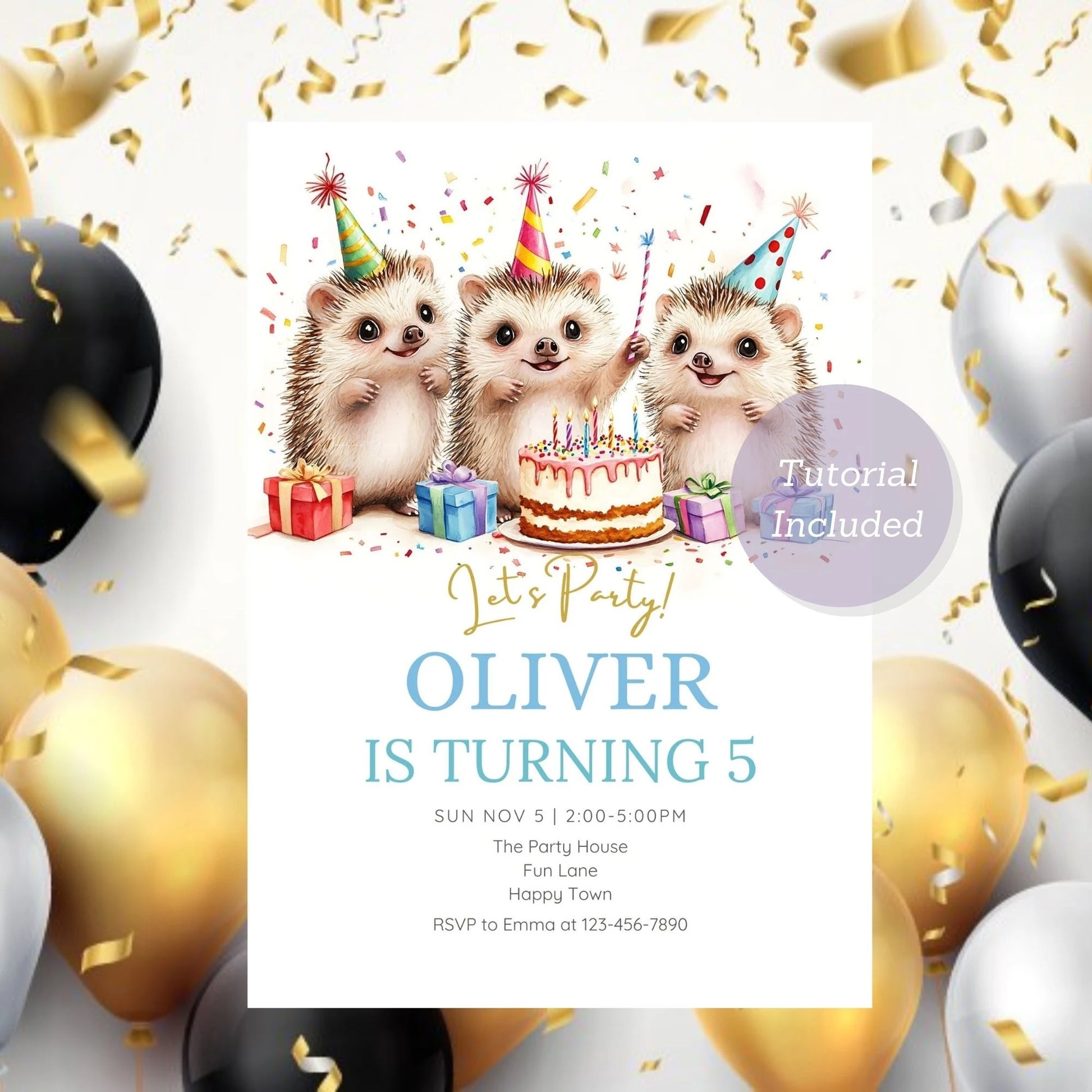Editable hedgehog birthday invite for children’s celebrations.