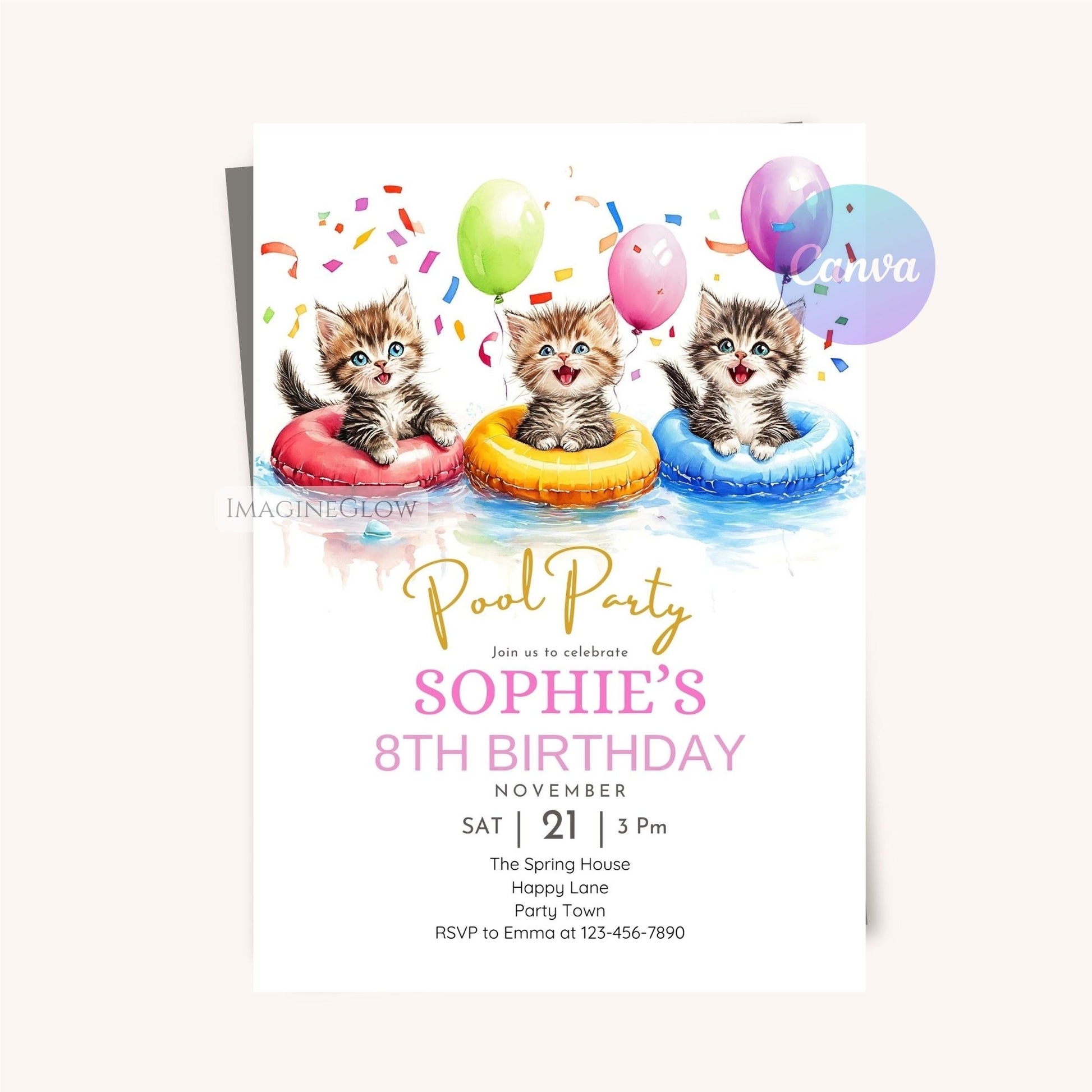 Customizable kitten birthday invite for swim celebrations.