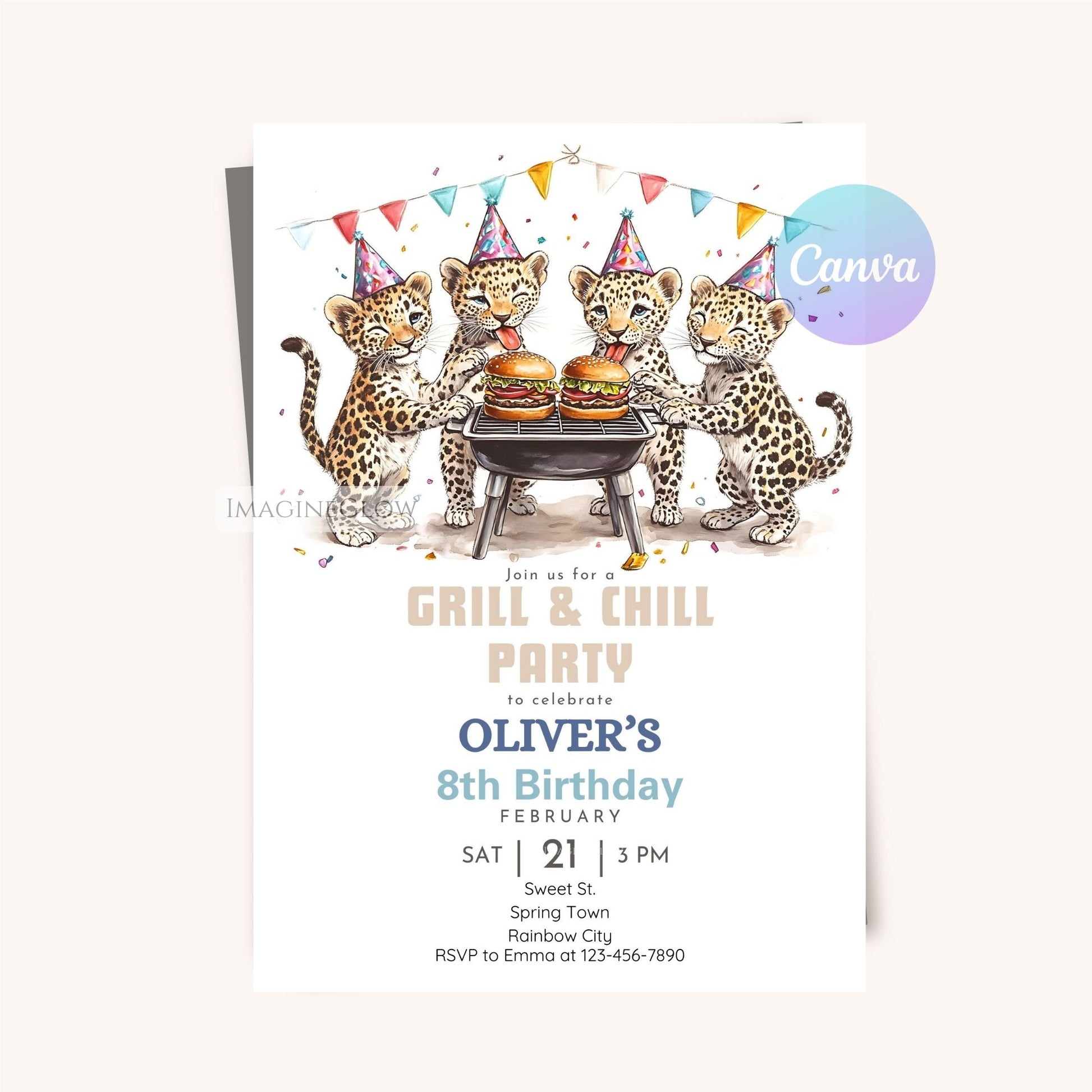 Fun wild animal BBQ party invite featuring a leopard grilling.