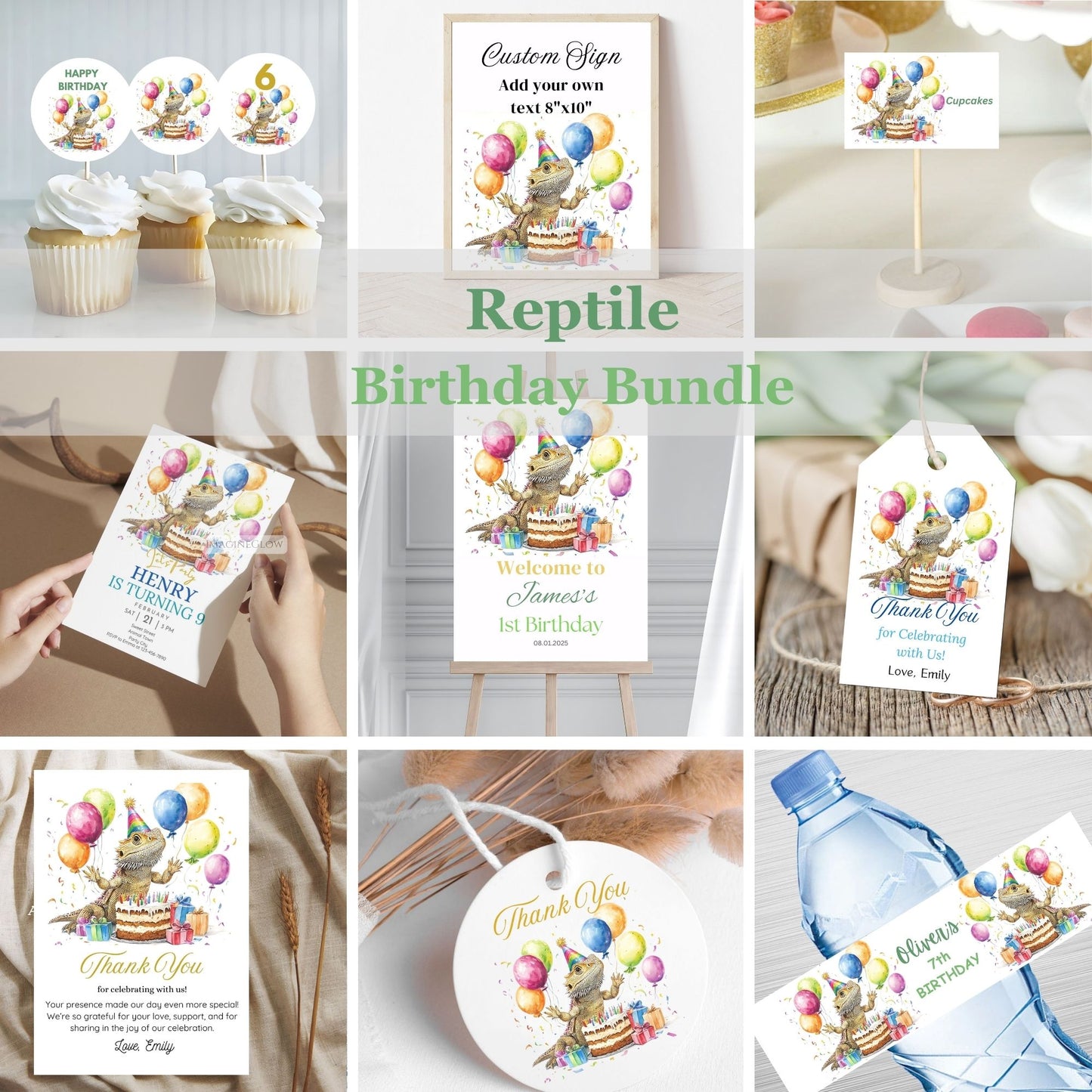 Collage of birthday party items with a Reptile Birthday Bundle theme, including signs, invitations, and decorations.
