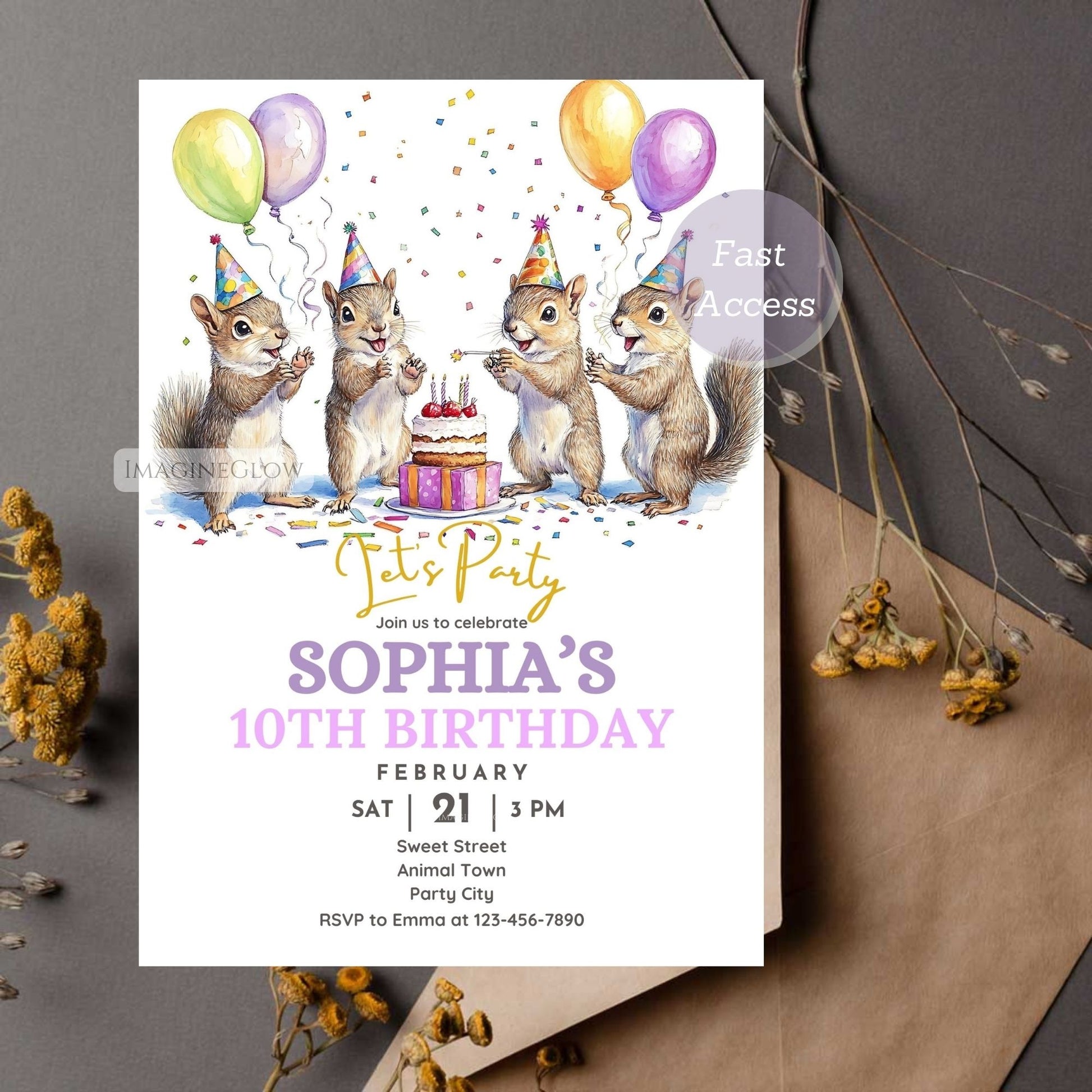 Nature-themed birthday party invitation
Digital squirrel birthday invitation