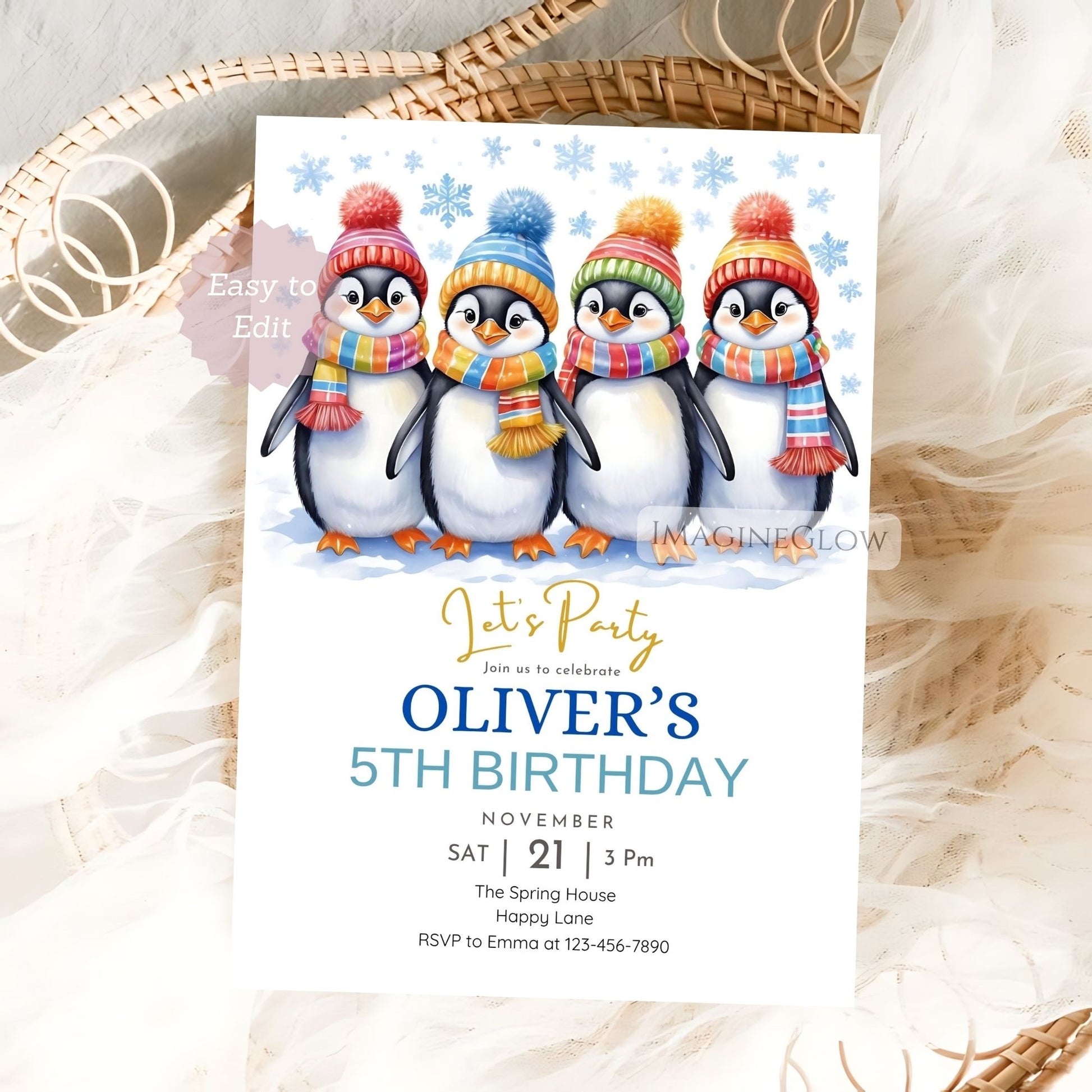 customizable penguin birthday party card template