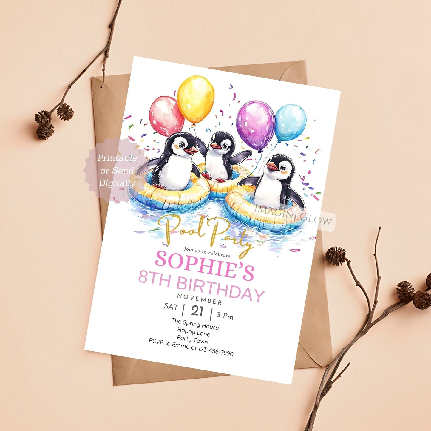 Fun water-themed birthday invitation with a playful penguin.