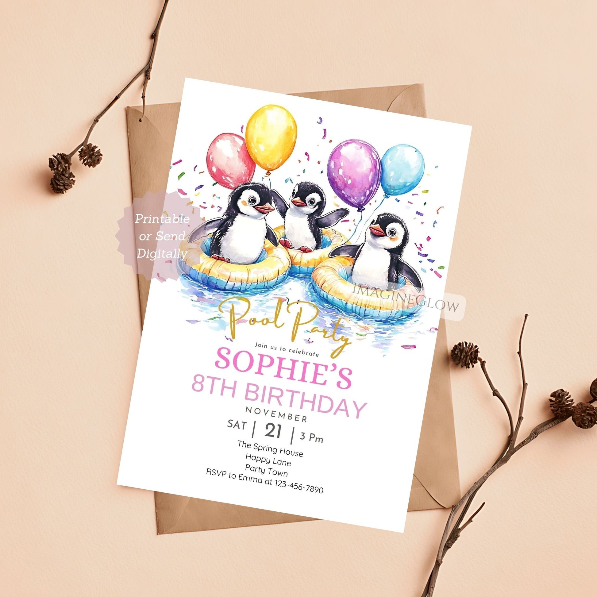 Fun water-themed birthday invitation with a playful penguin.