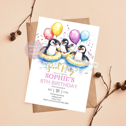 Fun water-themed birthday invitation with a playful penguin.