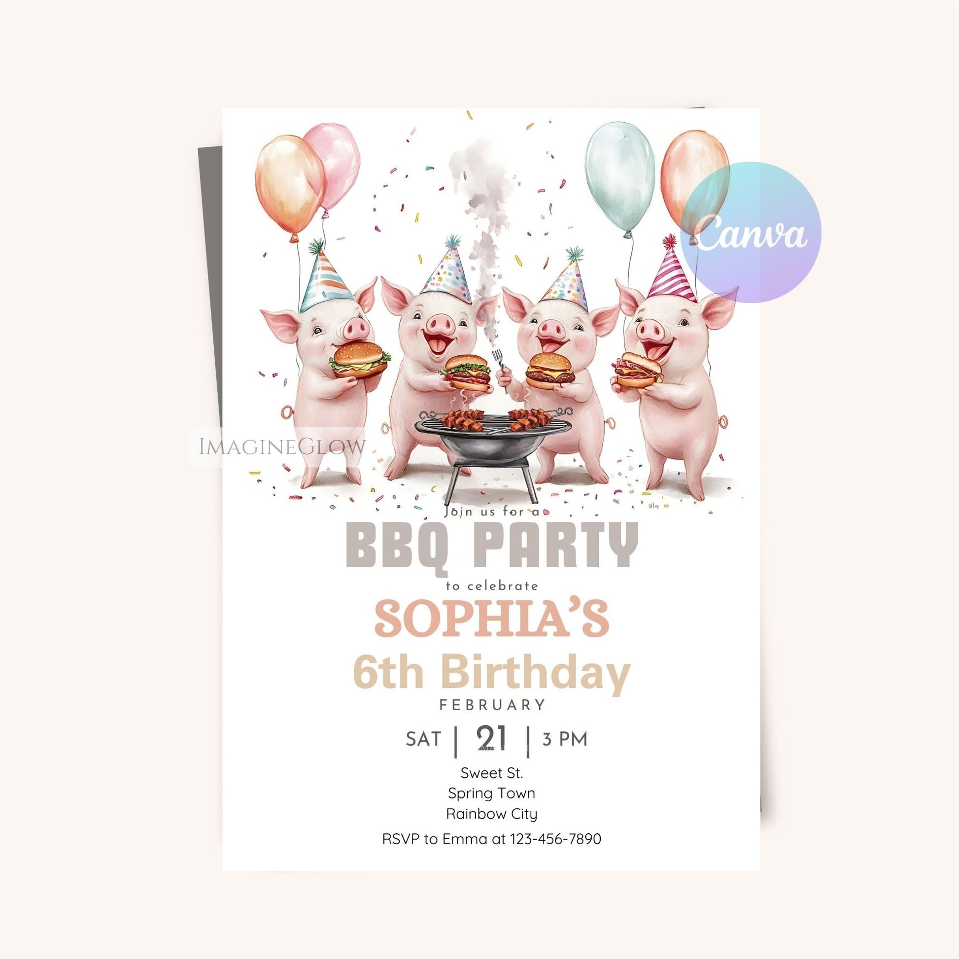 Fun barnyard animal BBQ invitation with festive decorations.