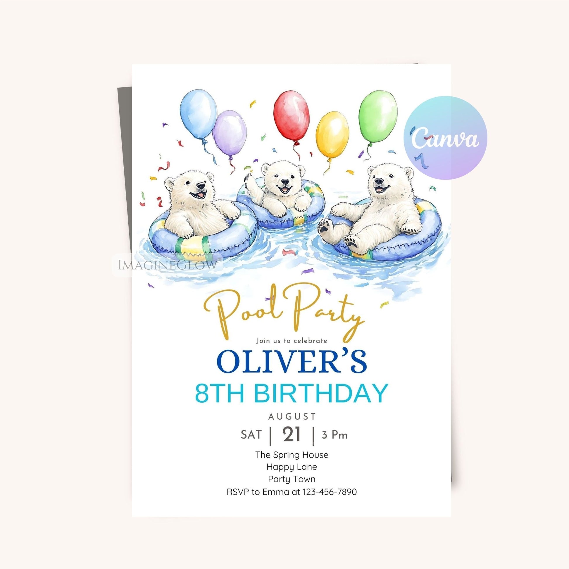Cute polar bears floating in a pool on a birthday invitation design.