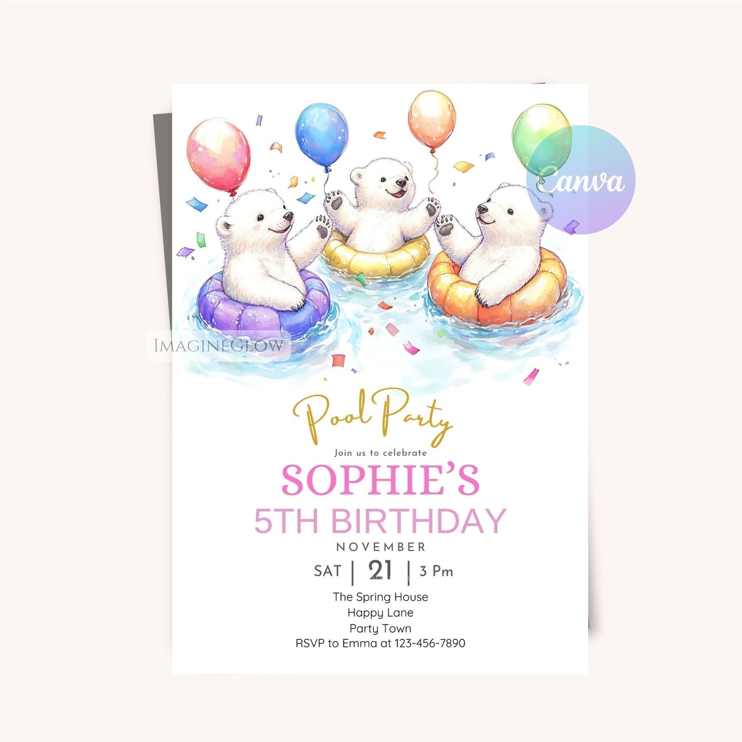 Digital polar bear birthday invitation for easy download.