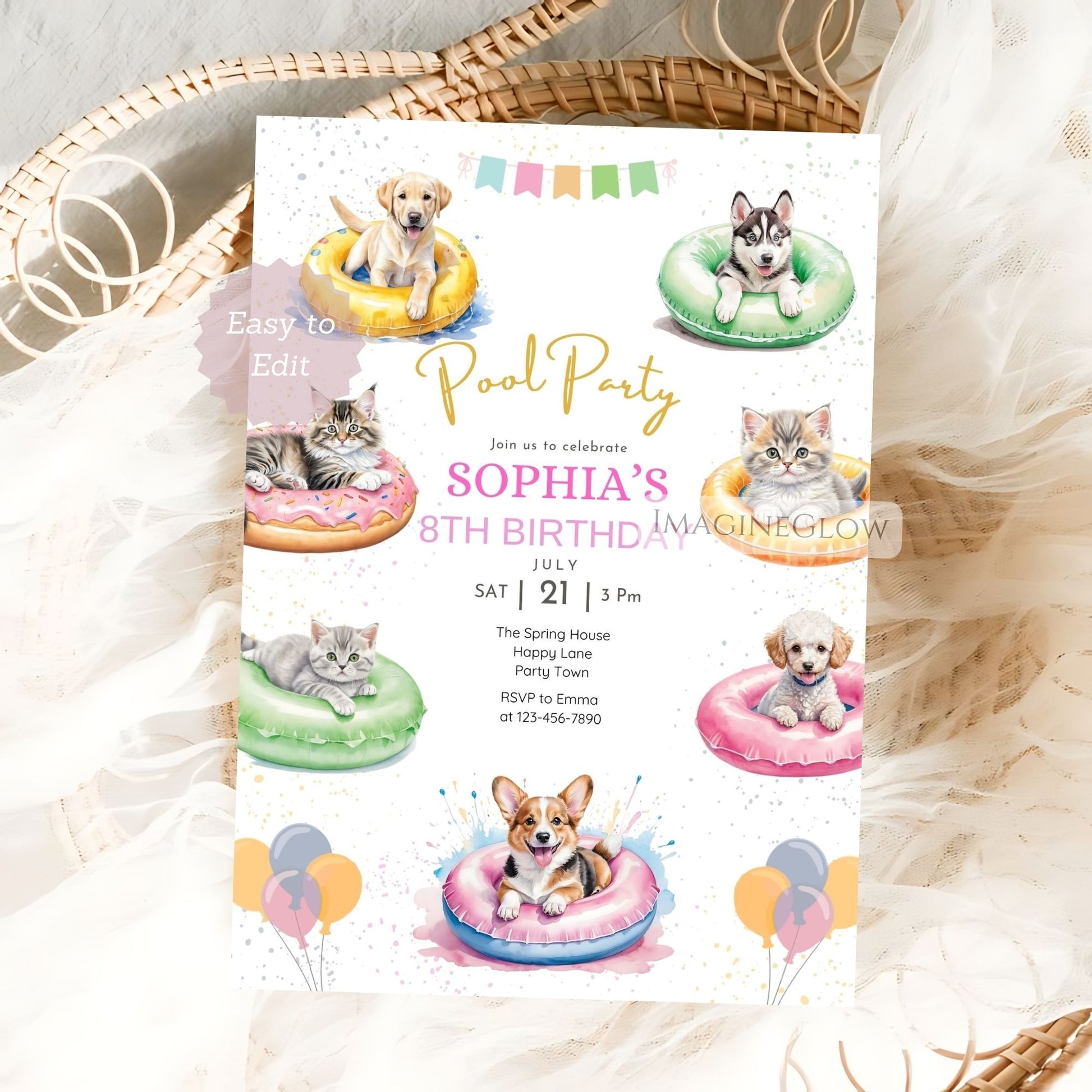 Birthday party invitation with puppies and kittens on inflatable rings
