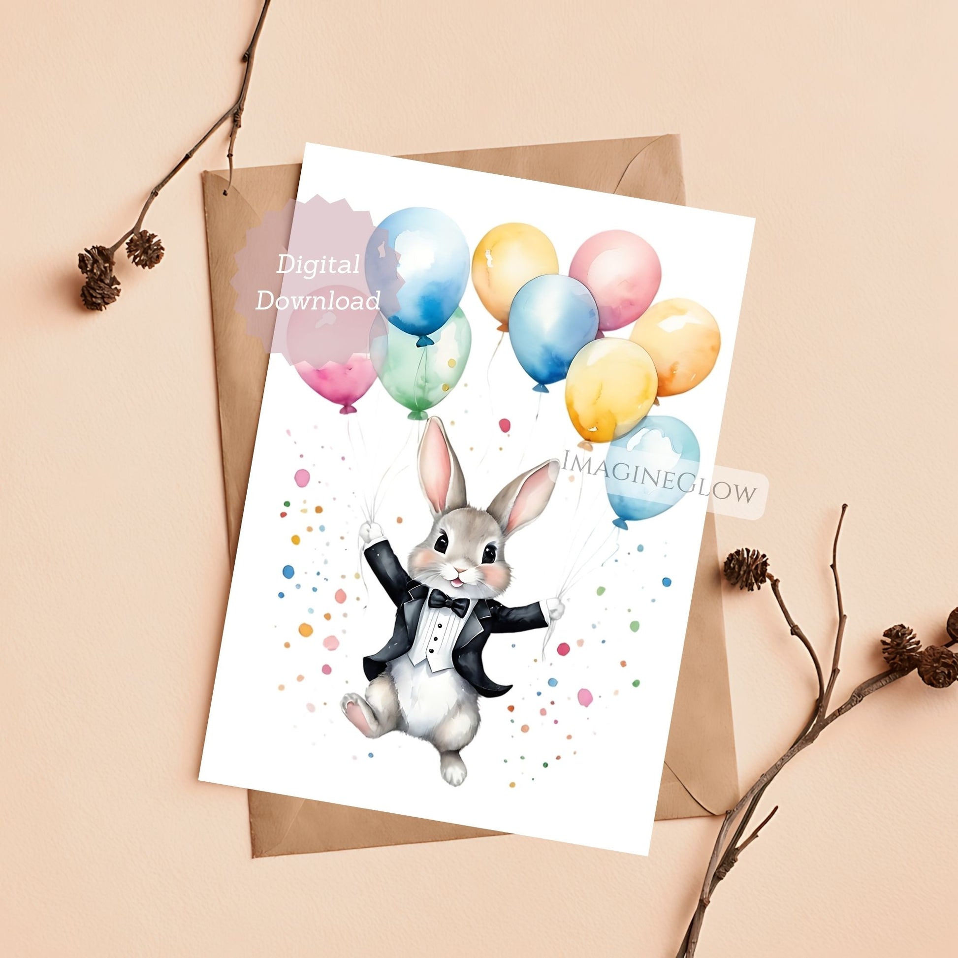 Digital download card with a rabbit in a tuxedo and colorful balloons on a beige background.