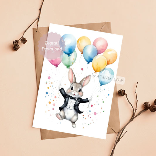 Digital download card with a rabbit in a tuxedo and colorful balloons on a beige background.