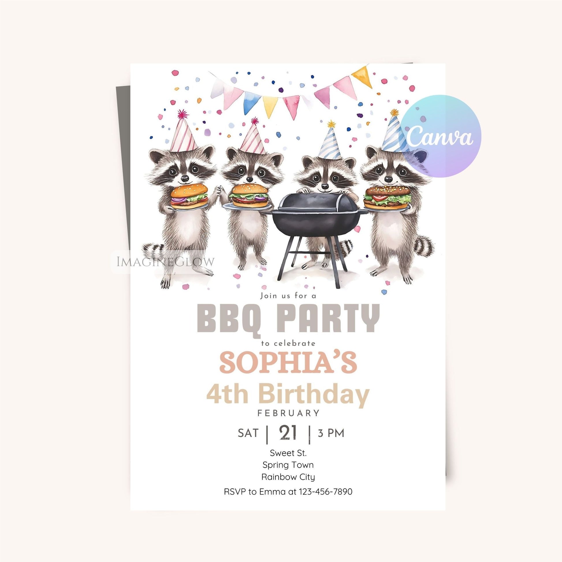 Cute raccoon grilling food on a BBQ birthday invite.