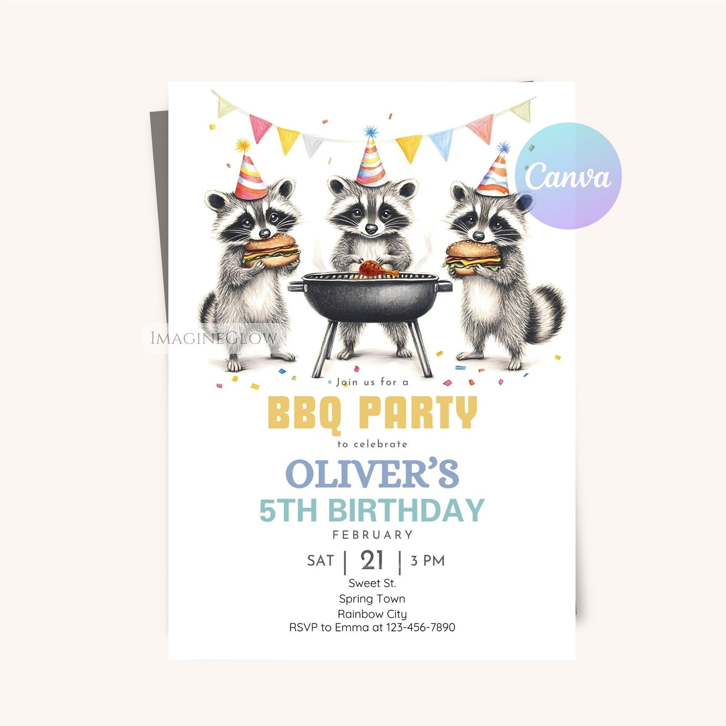 Fun woodland animal BBQ invitation with festive decorations.