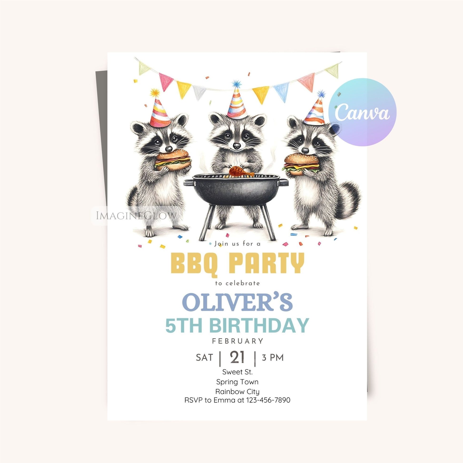 Fun woodland animal BBQ invitation with festive decorations.