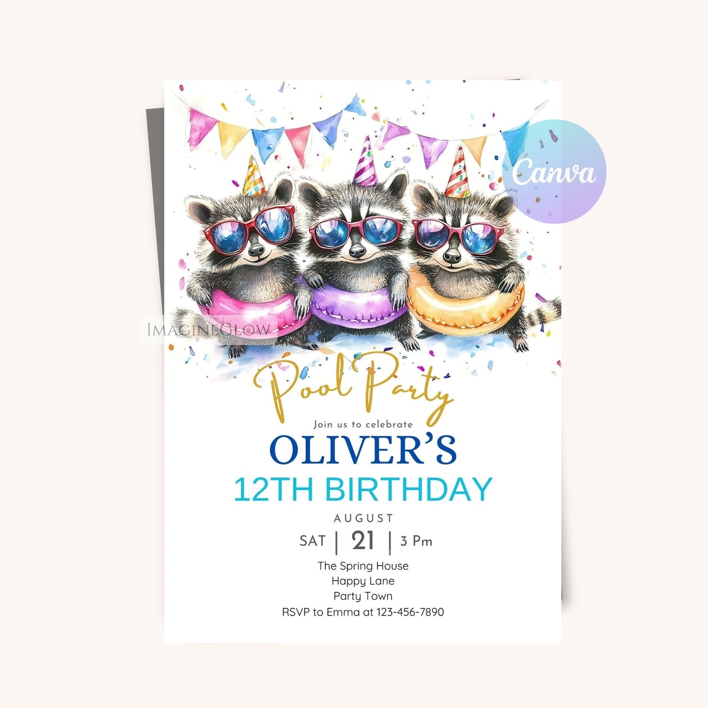 Printable raccoon-themed invitation featuring a raccoon.