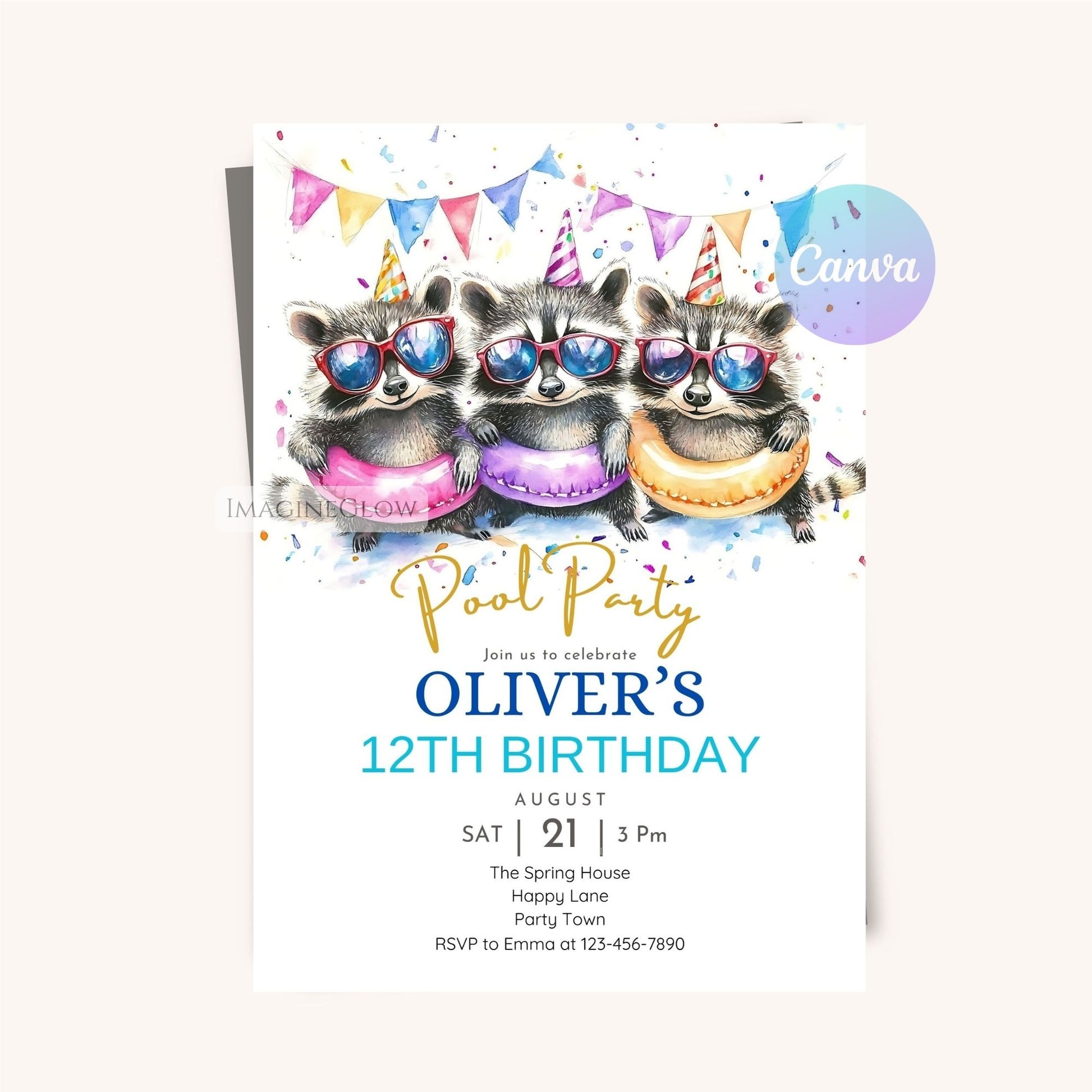 Printable raccoon-themed invitation featuring a raccoon.
