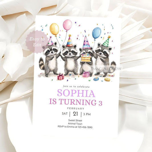 Raccoon Birthday Invitation - Woodland Animal Party Invite
