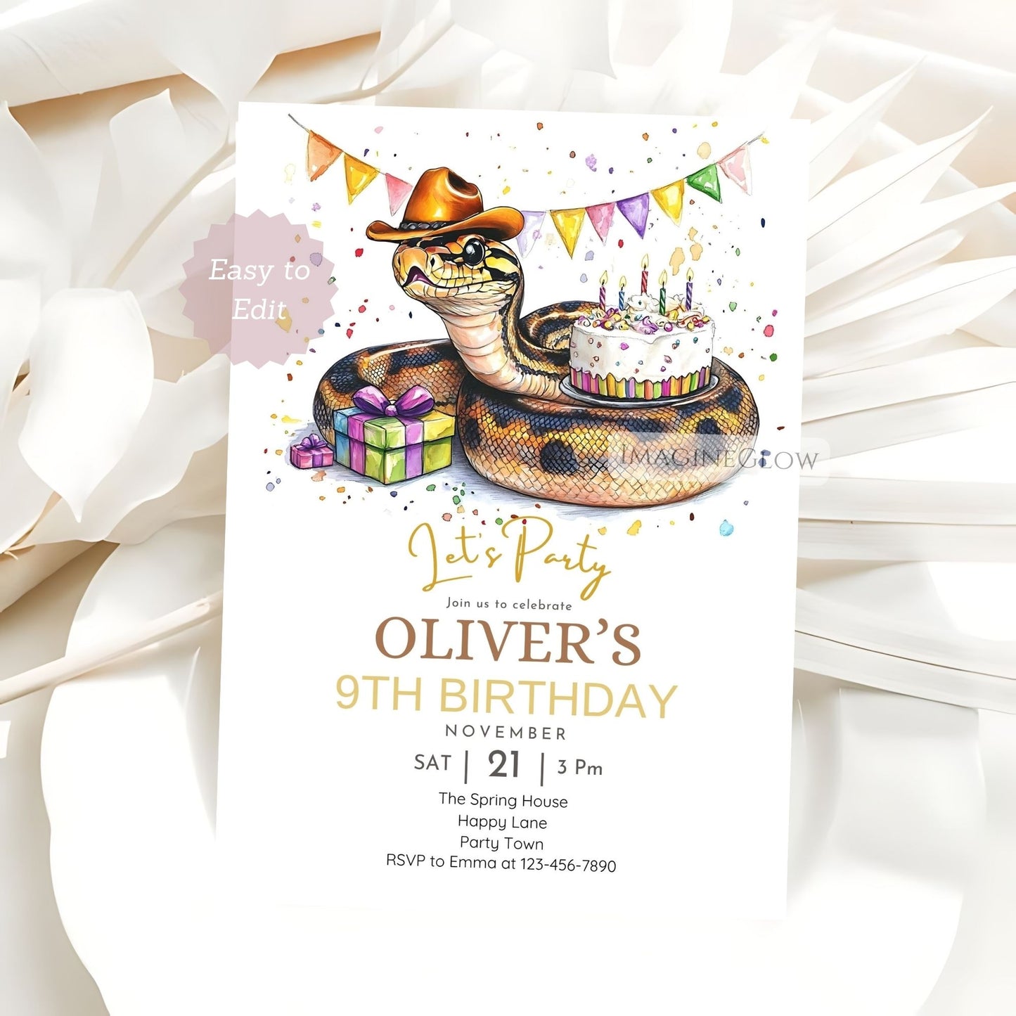 royal python birthday party invite
snake themed birthday for boys
ball python cowboy party invite
