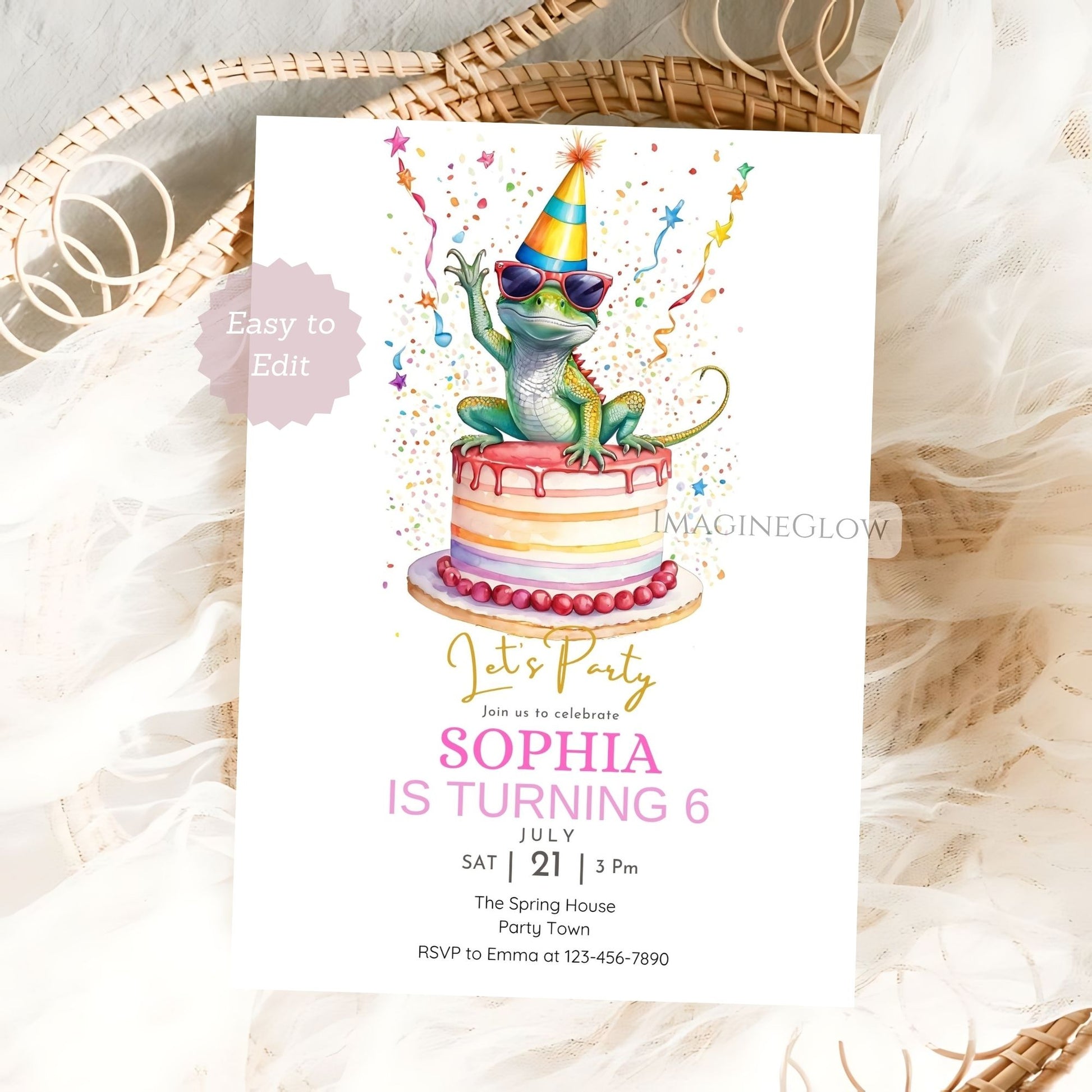 Birthday invitation card with a lizard on a cake, sunglasses, and colorful decorations.