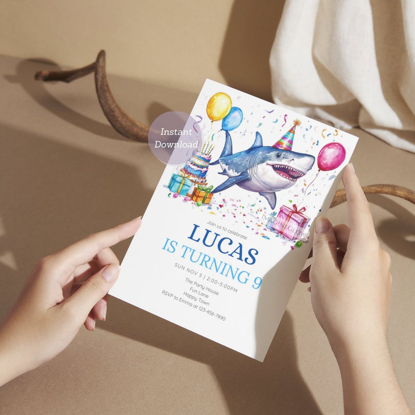 Editable ocean shark birthday invitation