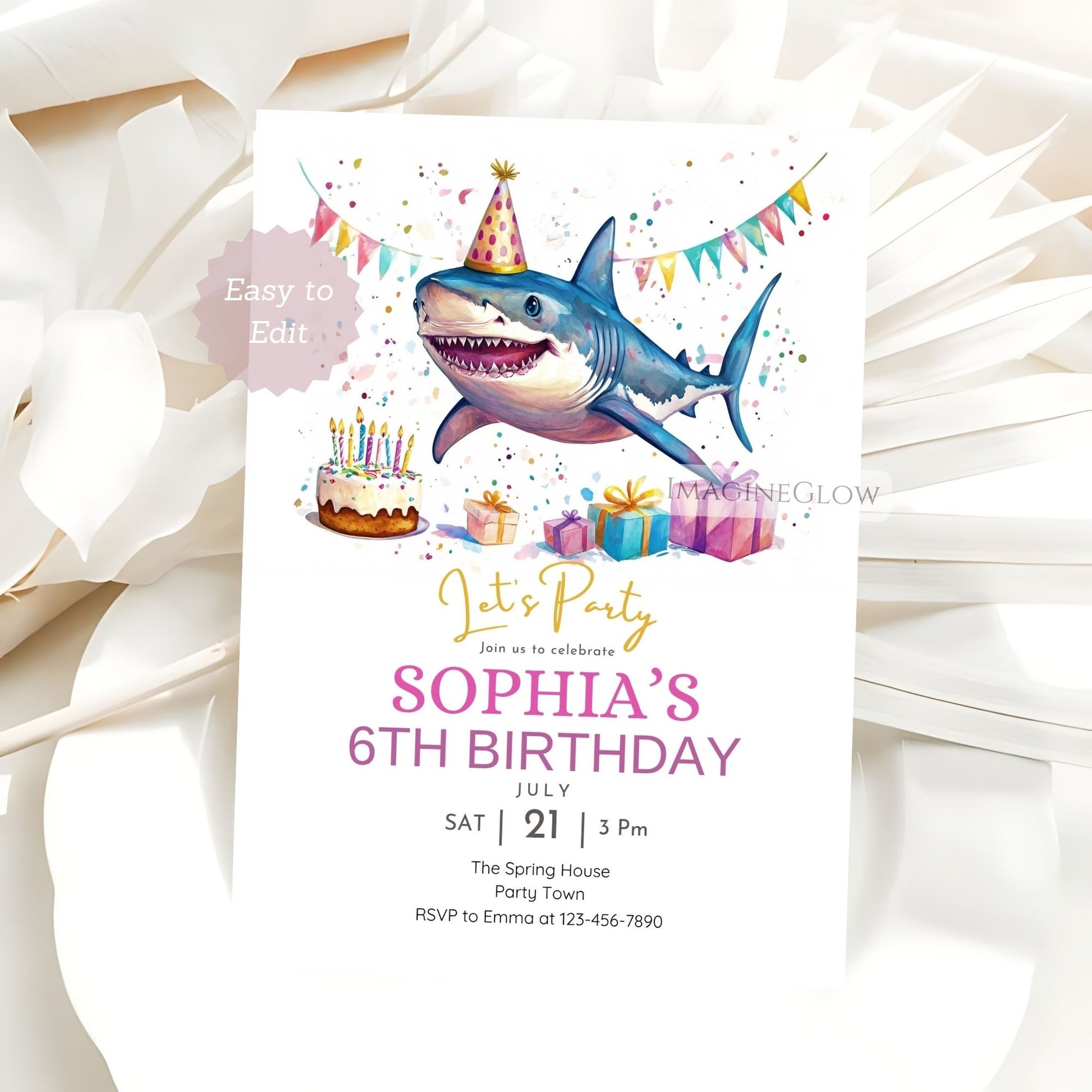 Birthday party invitation with shark design on a white background