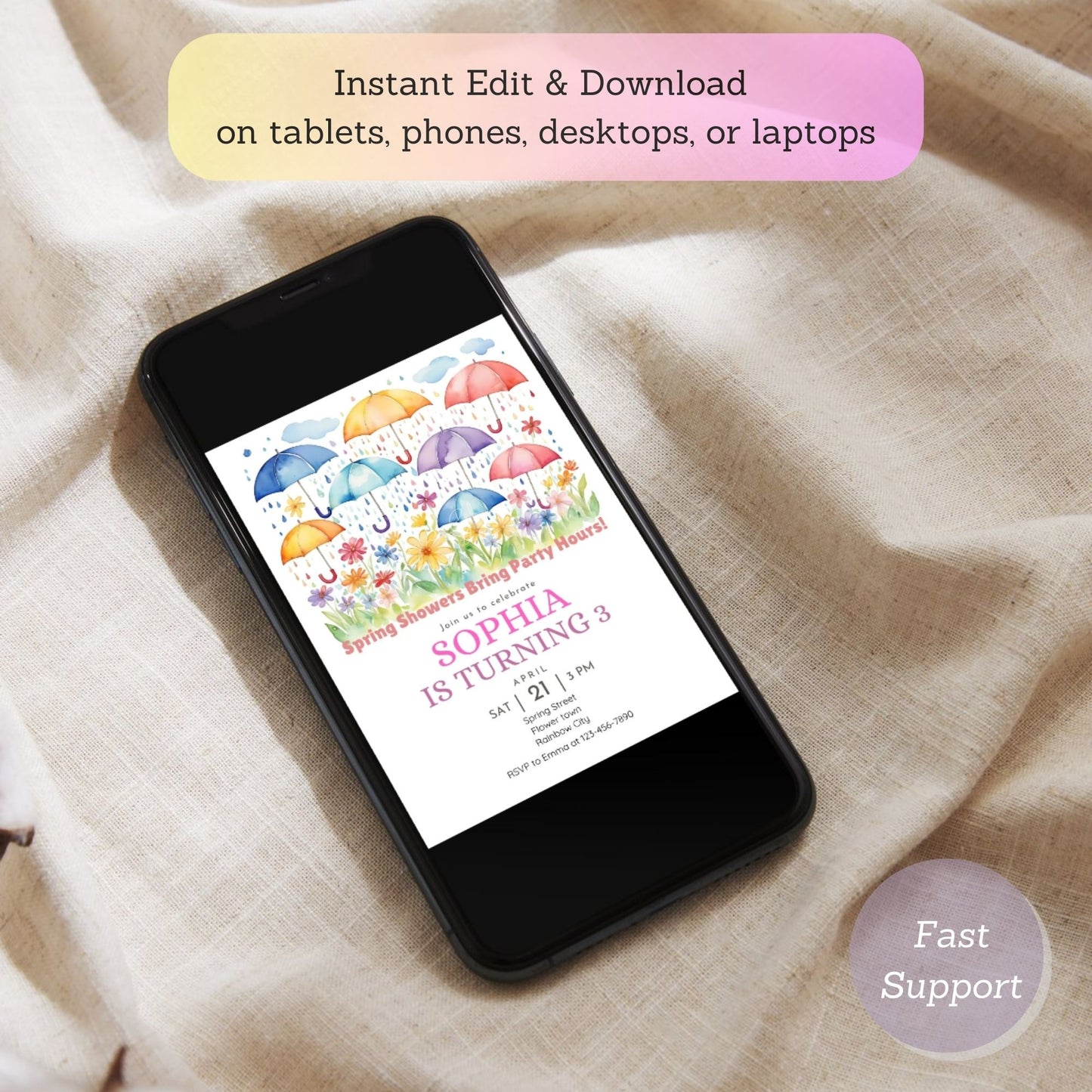 Editable spring celebration invitation with umbrella design.