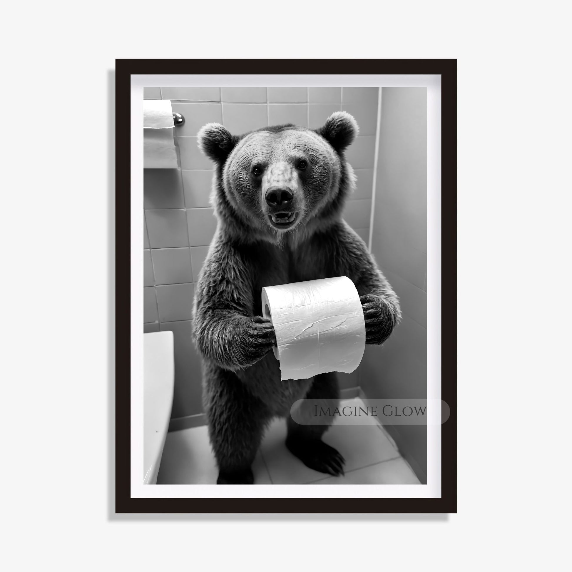 Quirky bear bathroom humor art print for home decor.