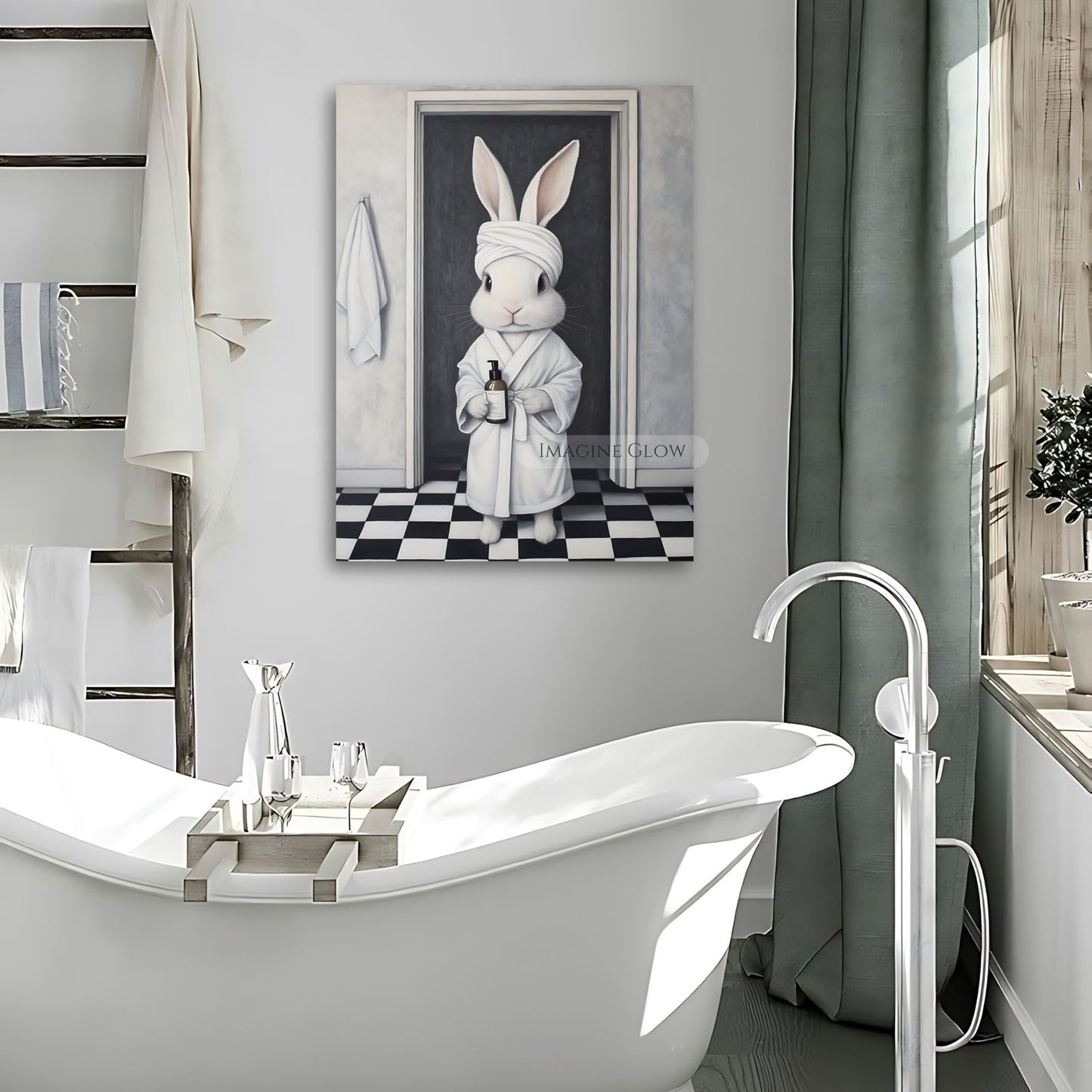 Whimsical bunny holding soap bottle for kids' bathroom
