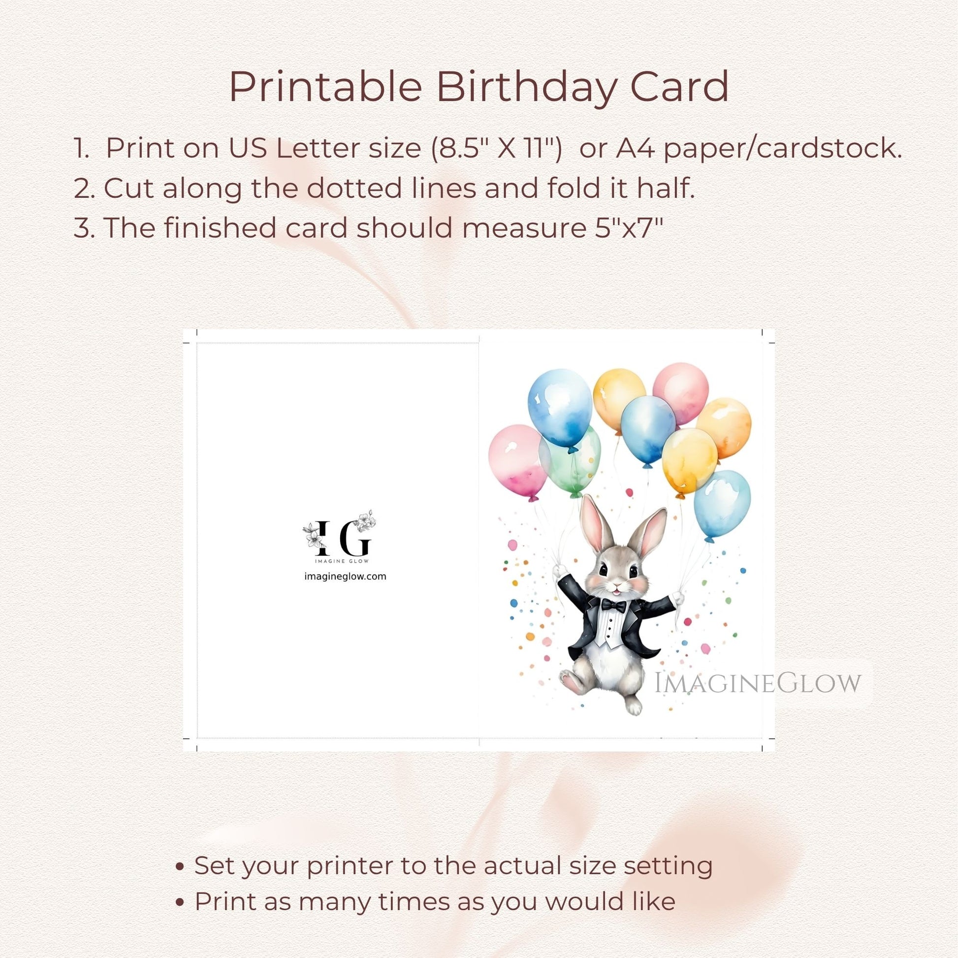 Printable bunny birthday card
Cute rabbit birthday card